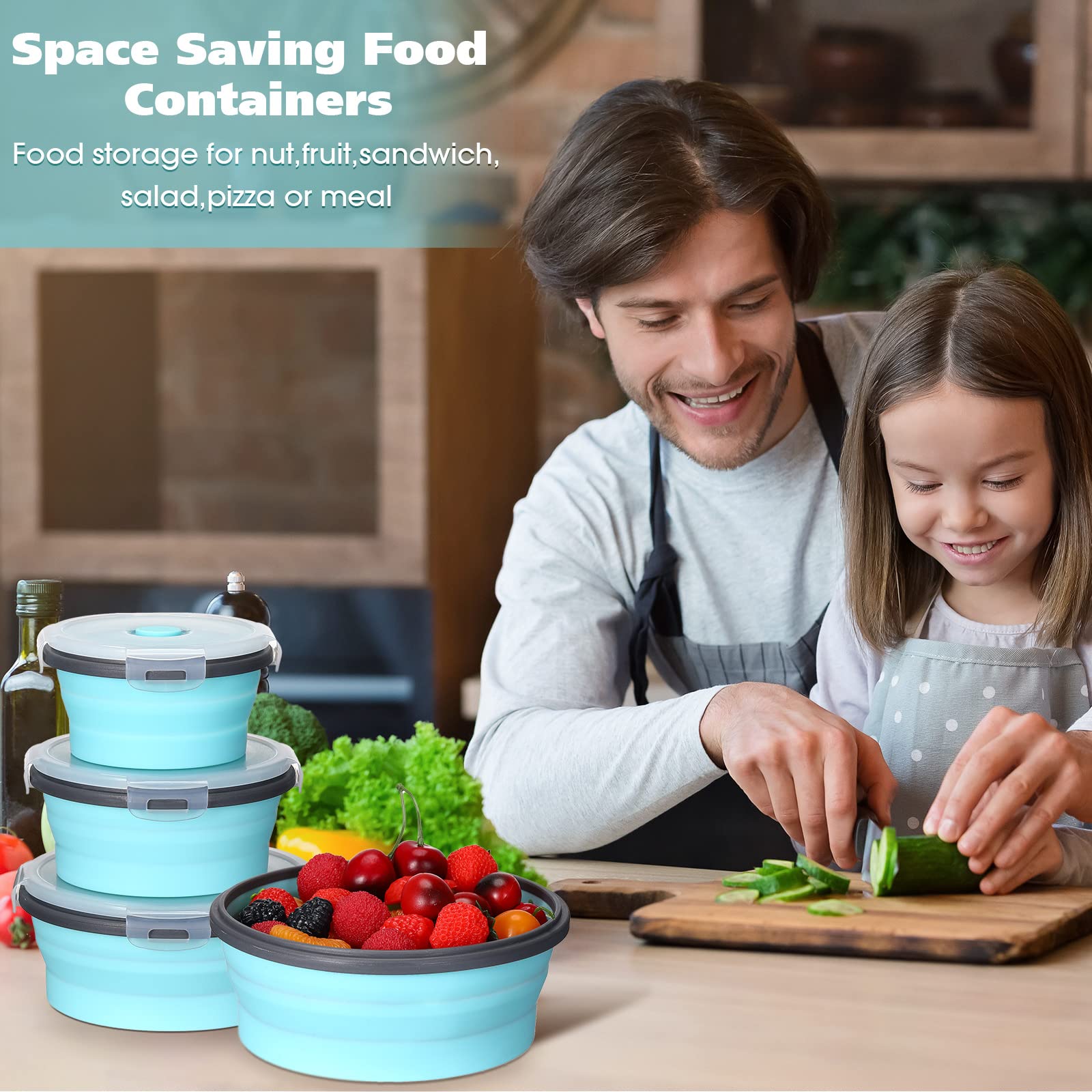 8-Piece Collapsible Food Storage Containers Set - Foldable Silicone Lunch Boxes with Lids (4 Rectangular & 4 Round Bowls) | Microwave, Freezer & Dishwasher Safe | Perfect for Meal Prep, Camping & Office Lunch Storage