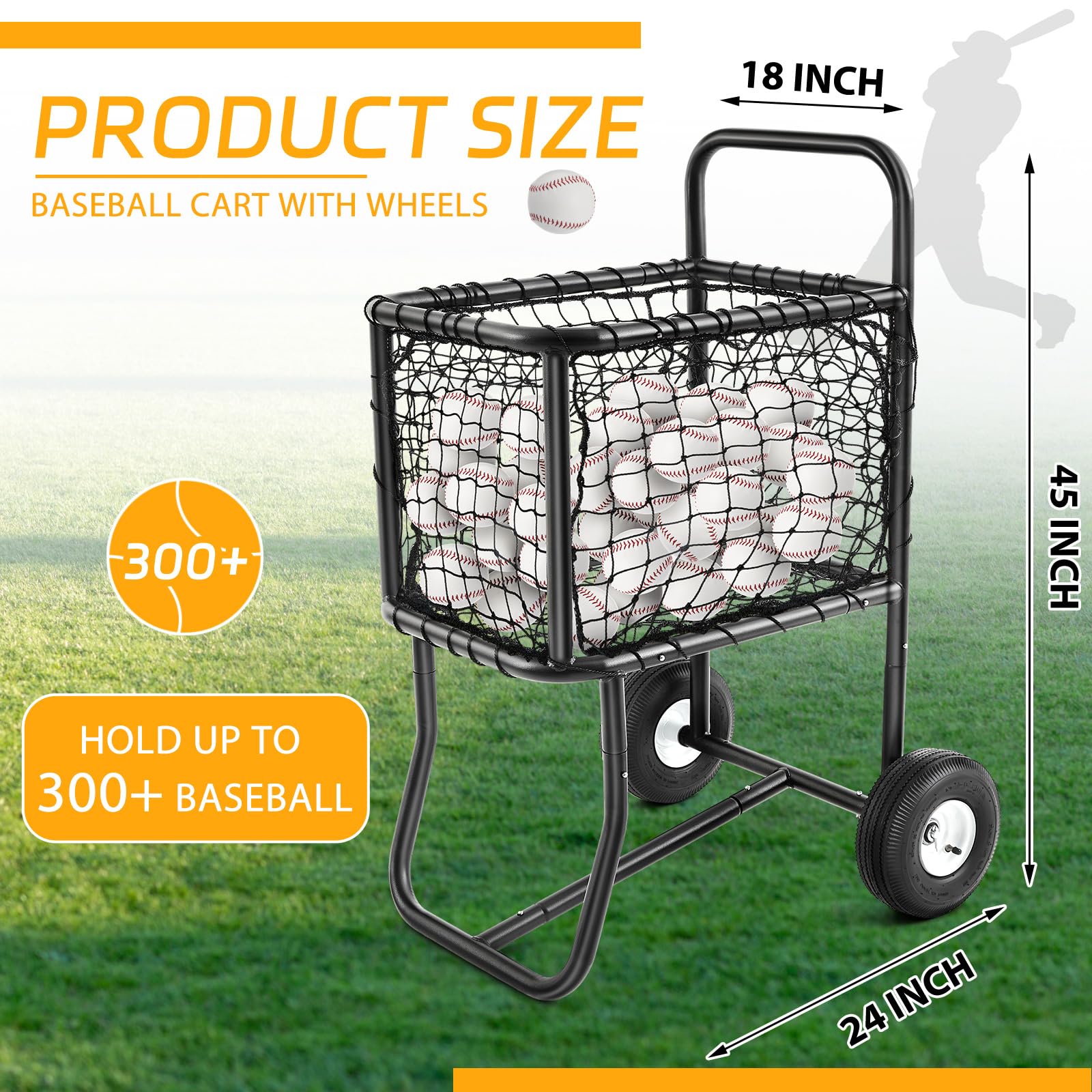 Heavy Duty Baseball Cart with Wheels - Large Rolling Softball Caddy & Ball Holder - Holds 300 Baseballs or 150 Softballs (18