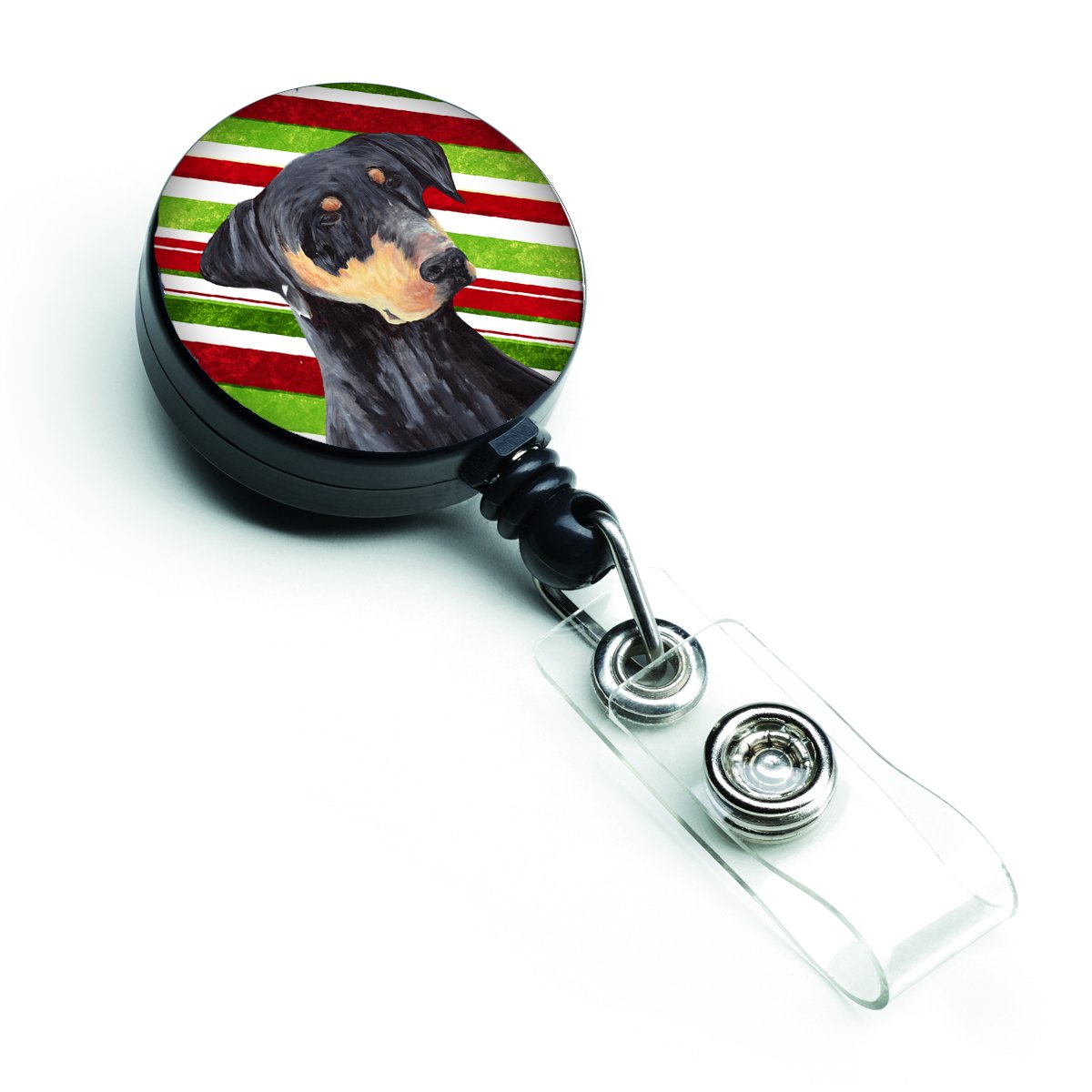 Doberman Candy Cane Christmas Badge Reel - Retractable ID Holder for Nurses Teachers Office Workers - Festive Holiday Accessory for Christmas Parties Gifts & Work Events