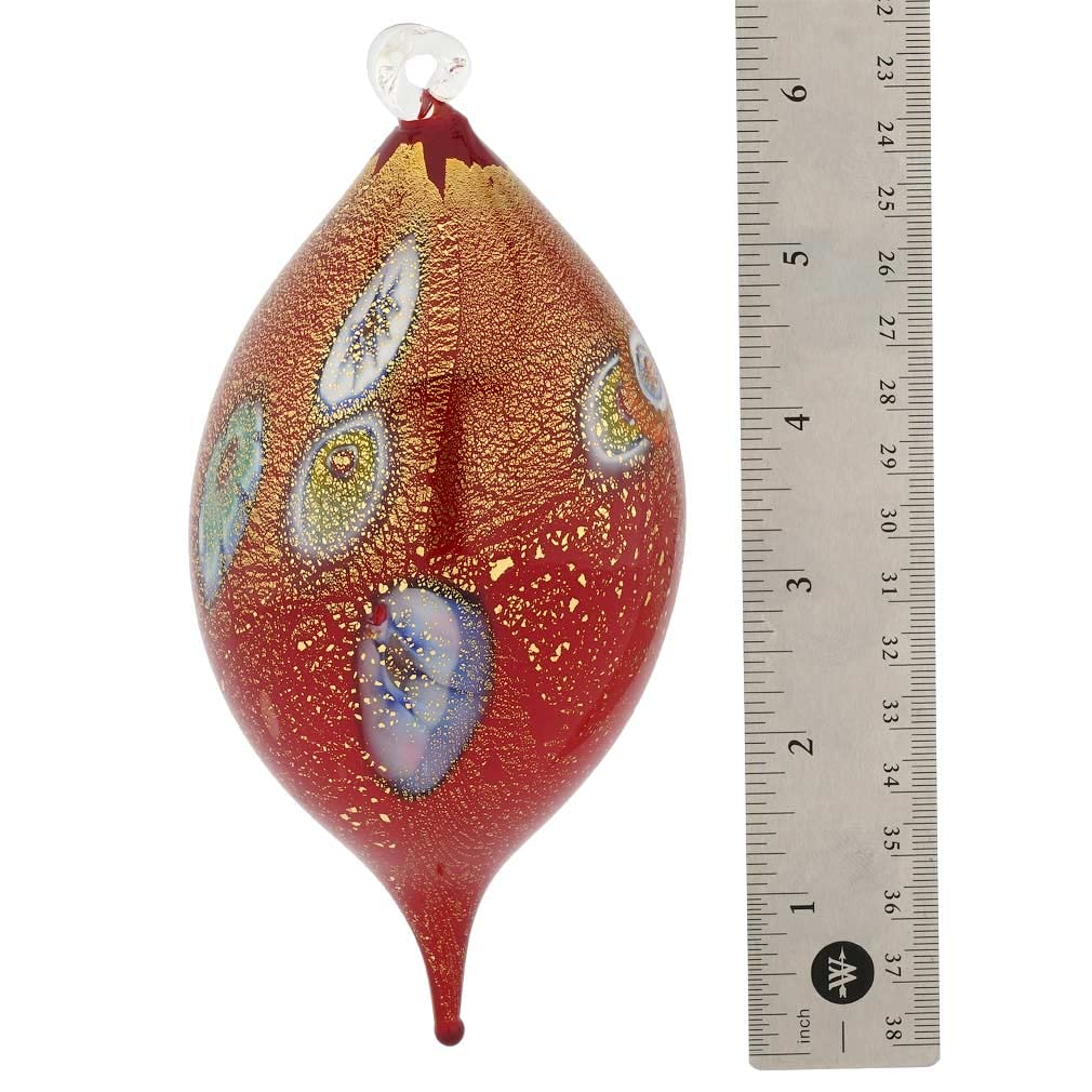 Venetian Murano Glass Millefiori Drop Christmas Ornament - Handcrafted Red & Gold Holiday Decoration for Tree, Gift, or Home Décor