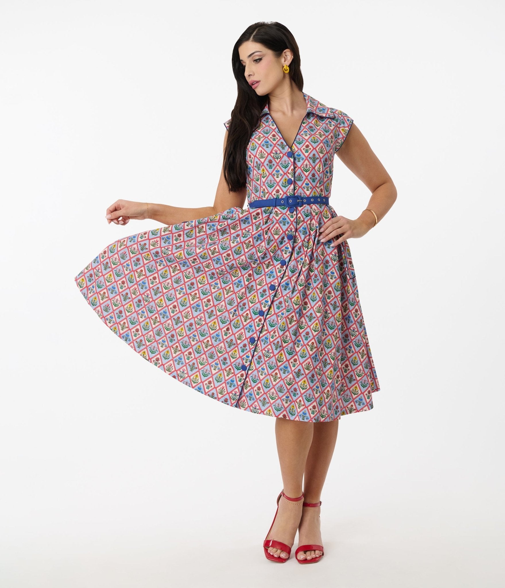 Vintage Blue Diamond Floral Print Swing Dress - Elegant Retro Style for Women | Perfect for Parties, Weddings & Special Occasions