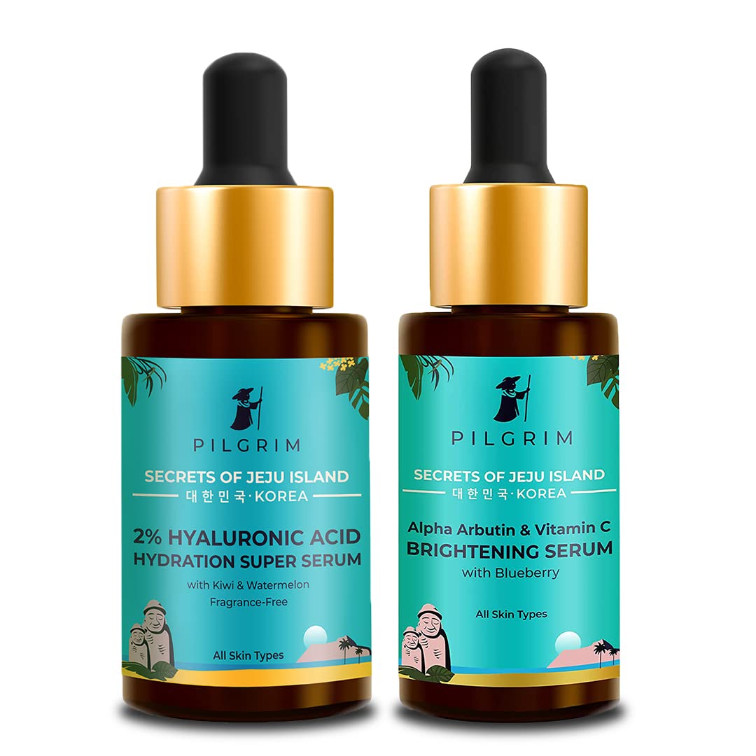 Pilgrim Glow Booster Combo | 2% Hyaluronic Acid Hydrating Serum 30ml + Alpha Arbutin & Vitamin C Brightening Serum 30ml | Dark Spot Corrector for Face Pigmentation & Glowing Skin | Korean Skincare Routine | Perfect for Daily Hydration & Nighttime Skin Repair