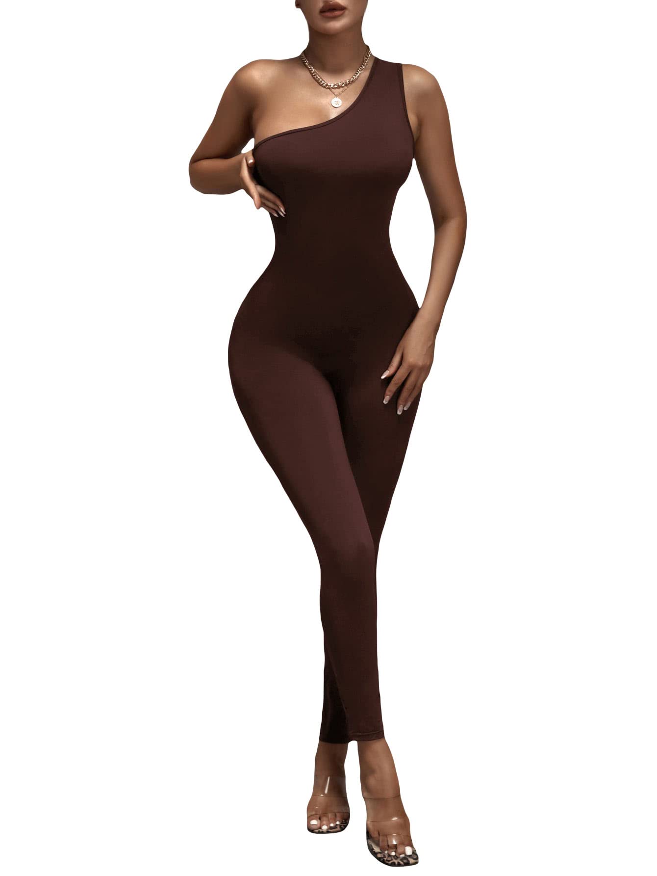 WDIRARA Women's Elegant One Shoulder Sleeveless High Waist Jumpsuit - Bodycon Romper with Pants for Party, Night Out & Special Occasions