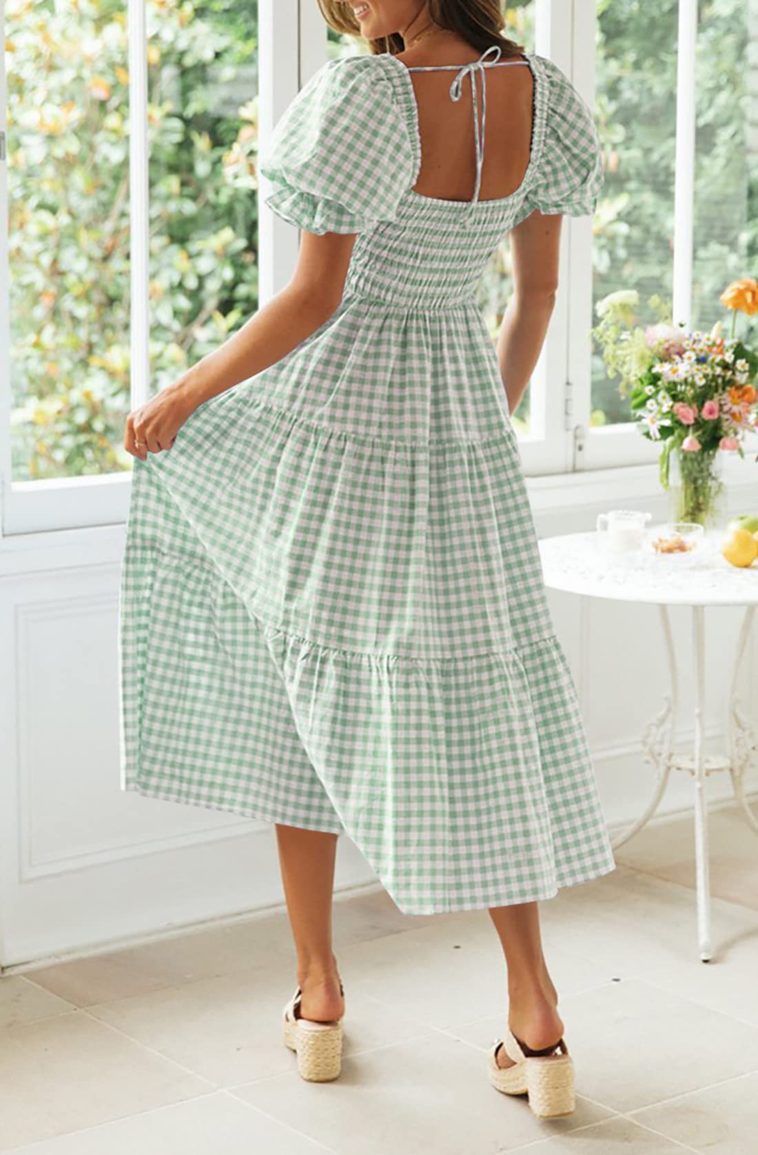 ZESICA Women's 2025 Bohemian Summer Plaid Square Neck Puff Sleeve Ruffle Flowy Midi Dress - Beach Vacation, Outdoor Party & Casual Wear