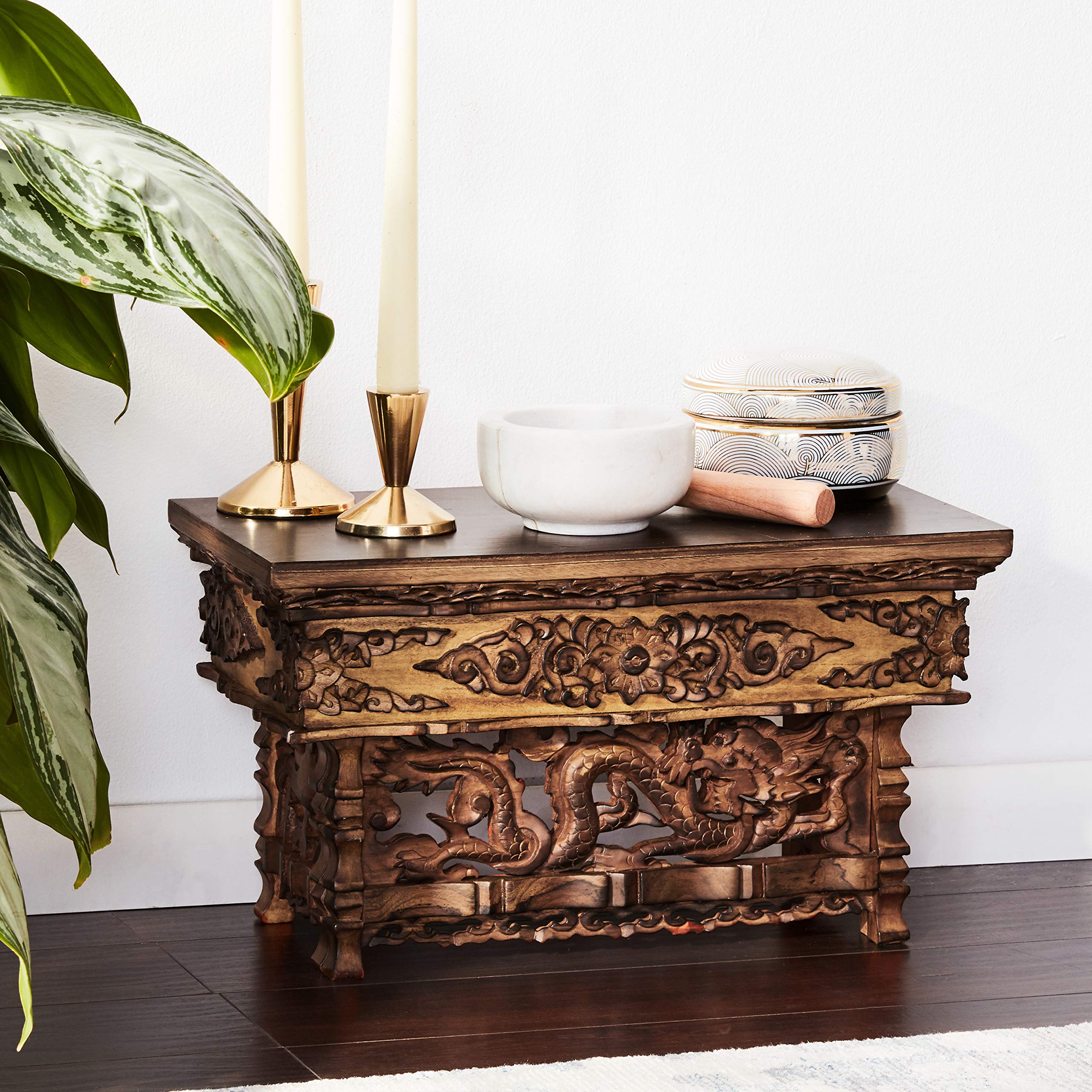 Fair Trade Small Wooden Altar Table - Handcrafted Meditation & Puja Table for Wiccan, Buddhist, and Japanese Tea Ceremonies - Low Side Dragon Design - Perfect for Home Shrines, Yoga Studios & Spiritual Spaces
