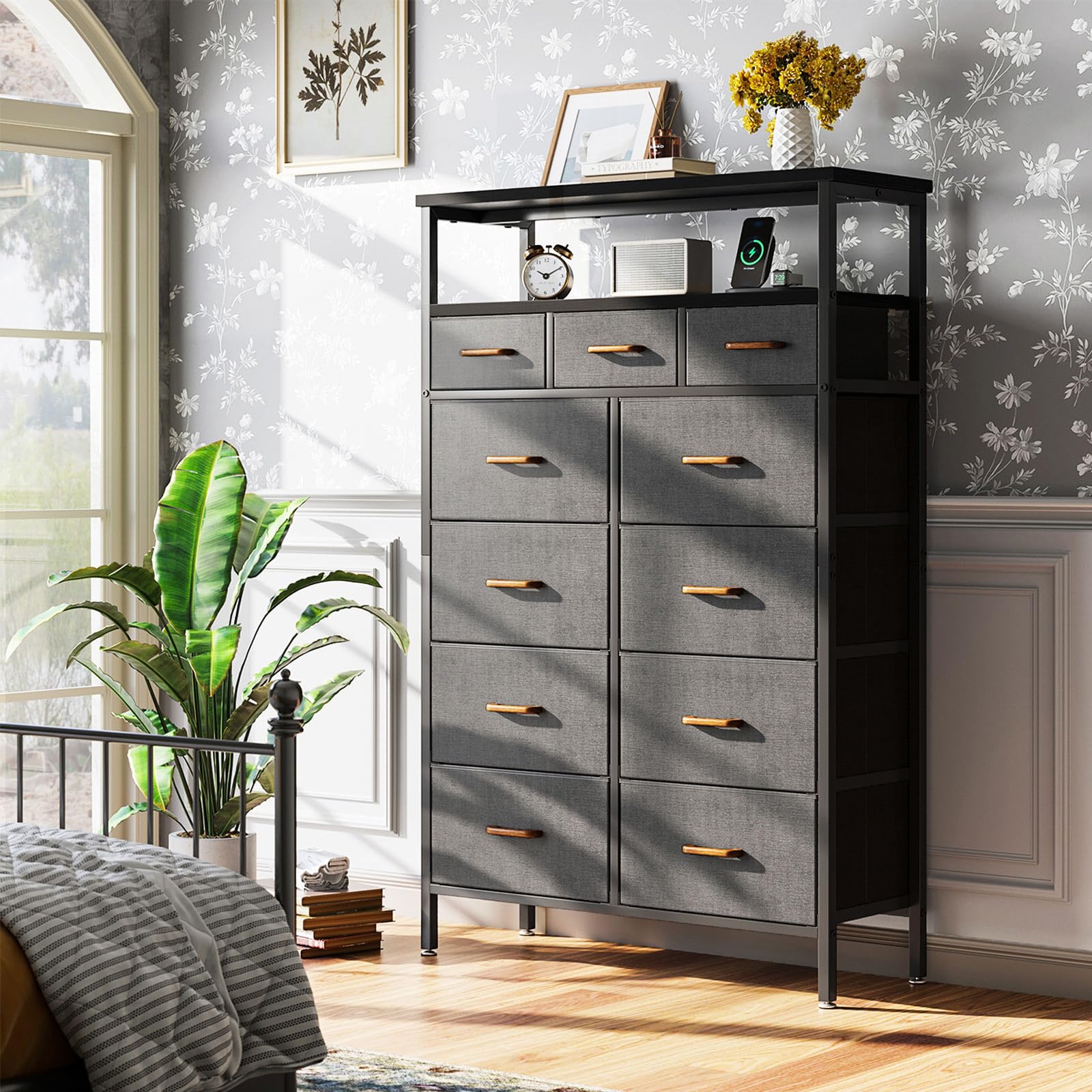AODK 59-Inch Tall Dresser with Charging Station & 11 Storage Drawers - Large Fabric Dresser with Sturdy Metal Frame & Wooden Top for Bedroom Organization - Dark Grey - Perfect for Small Spaces, Apartment Living & Master Bedroom Storage