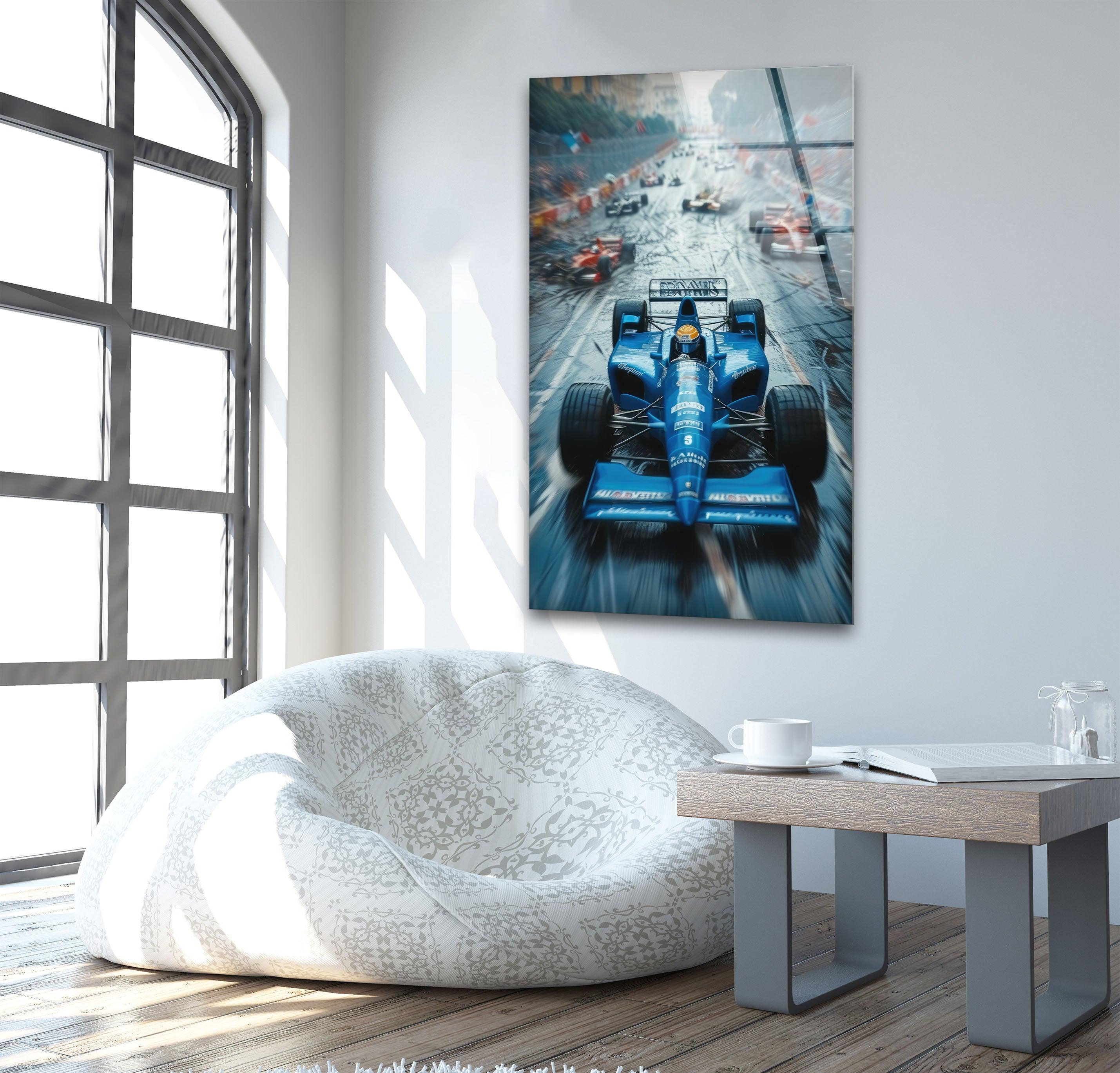 Blue Formula 1 Racing Car Glass Wall Art - Premium Decorative Home & Office Decor for Motorsport Fans