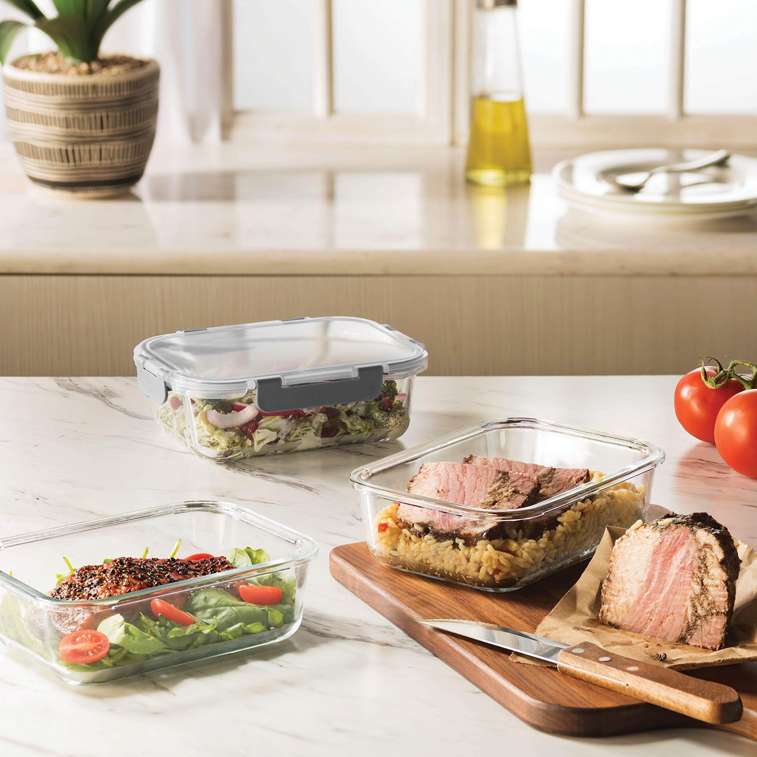 FineDine 28oz Glass Meal Prep Containers - 3-Piece Set, Airtight & Microwave Safe for Snacks, Dips, Lunch Storage