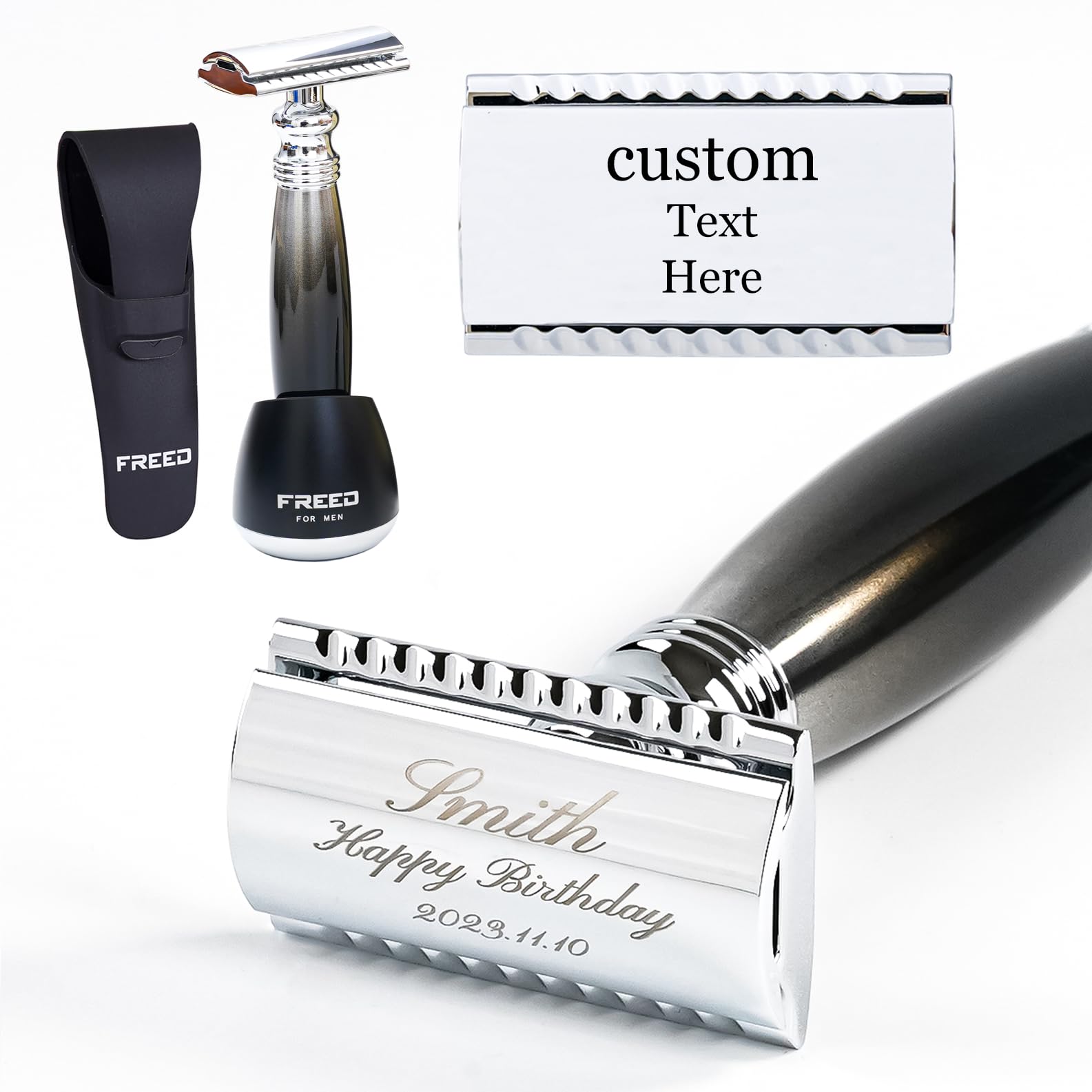 Premium Personalized Shaving Kit for Men - Metal Safety Razor with Engraved Handle, Stand, Travel Case & 10 Blades - Ideal Gift for Father's Day, Birthday & Anniversary - Home & Travel Grooming Essential