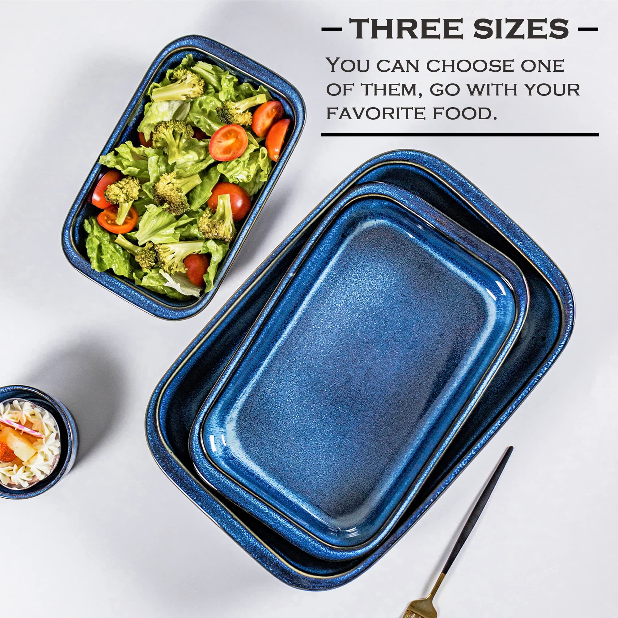 Henten Home 3-Piece Ceramic Baking Dish Set - Porcelain Bakeware for Oven & Microwave, Oblong Casserole & Rectangular Baking Tray with Reactive Glaze (Blue) - Perfect for Lasagna, Casseroles & Holiday Meals