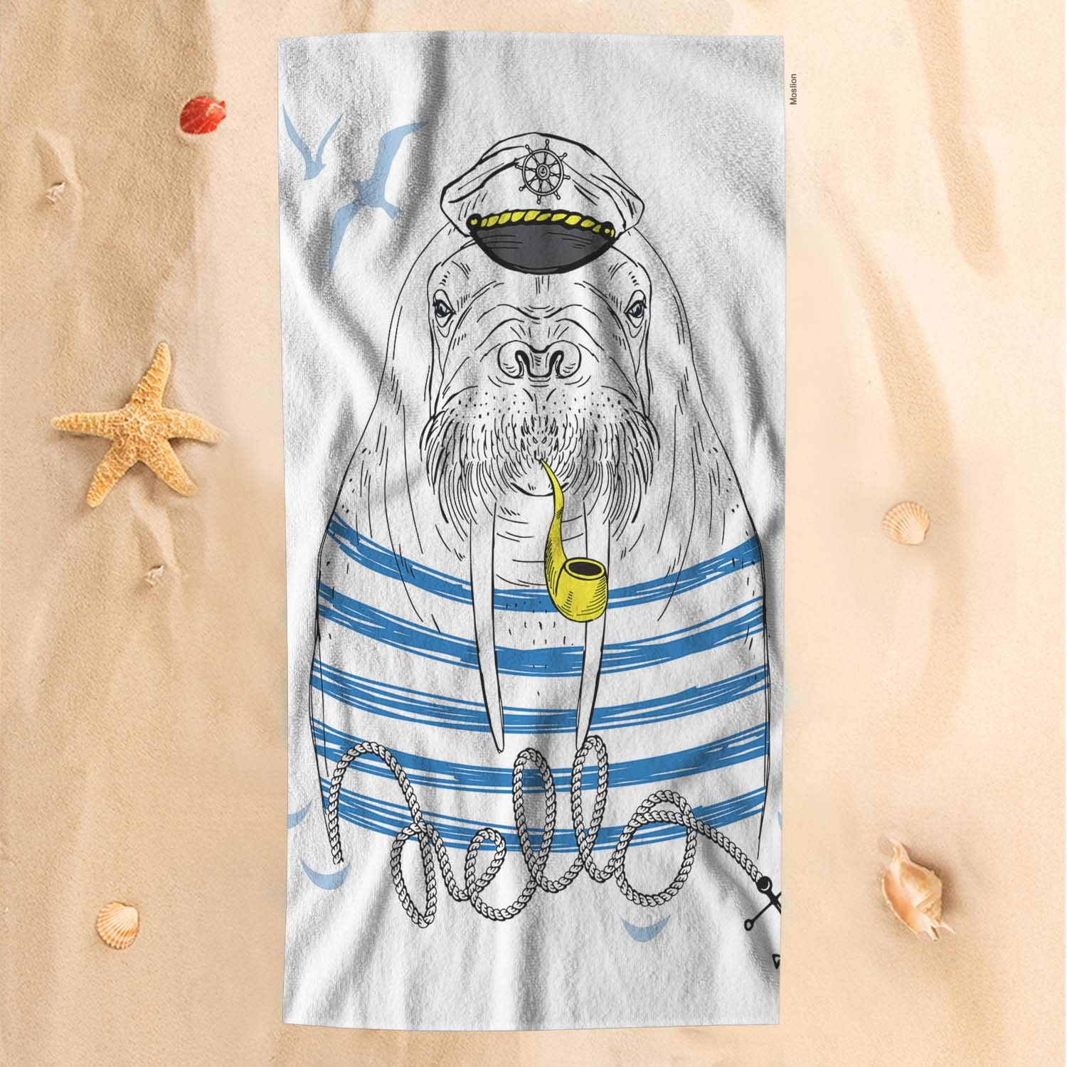 Soft Microfiber Walrus Bath Towel 32x64 Inch - Nautical Ocean Animal Design with Seagull & Anchor Patterns, Quick-Dry Absorbent Beach Towel for Kids, Baby Hand Towel for Bathroom, Pool & Summer Outings - Blue & White