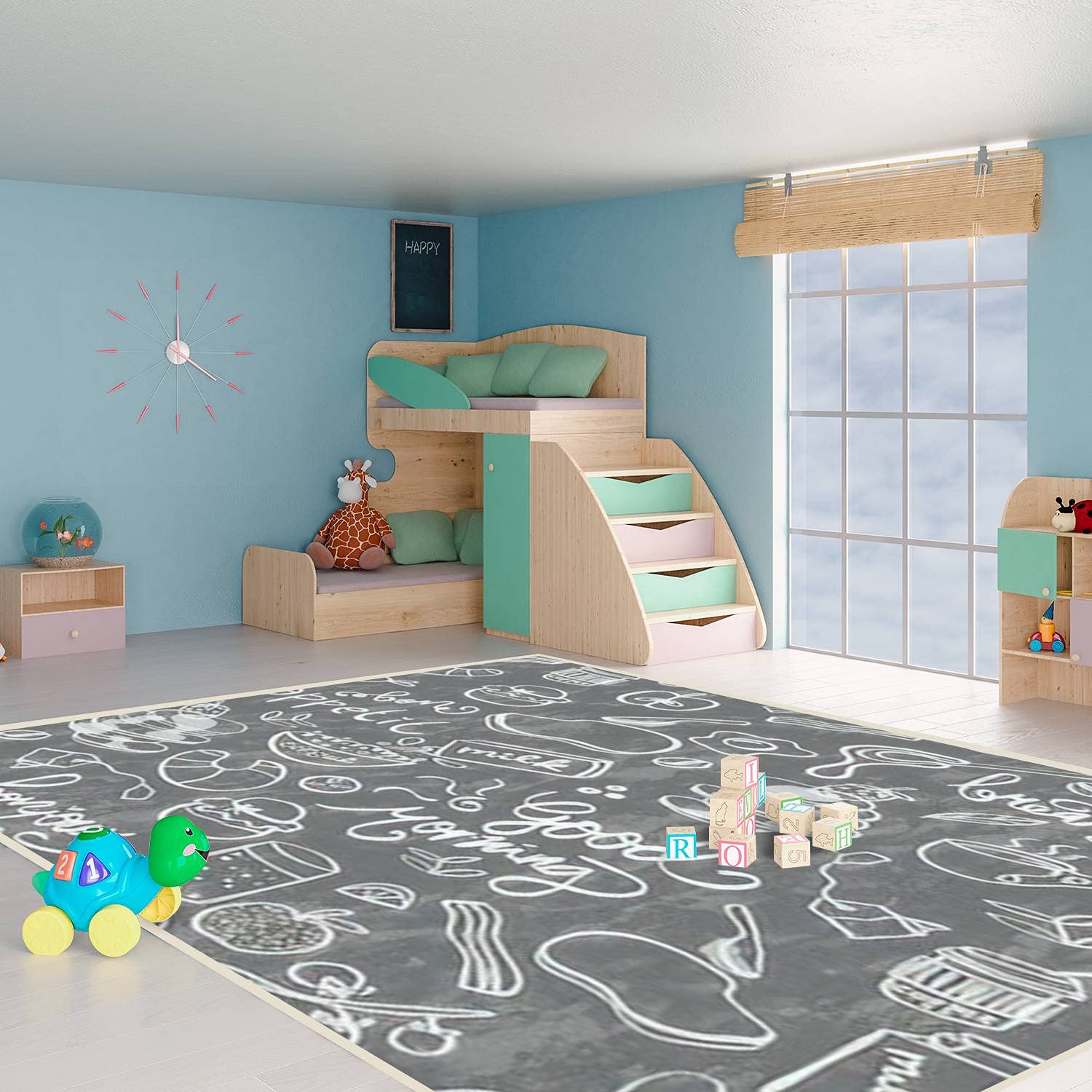 Modern Abstract Area Rugs - Stain Resistant Non-Slip Carpet for Living Room, Bedroom, Kitchen, Bathroom | Seamless Pattern with Chalkboard Lettering Design | Perfect for Home Decor, Dining Areas & Breakfast Nooks