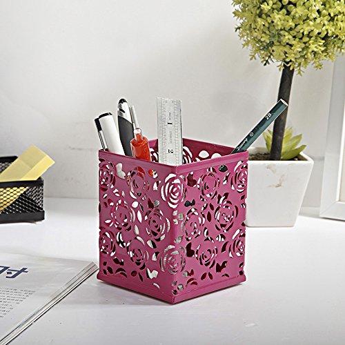 Clobeau Metal Rose Design Square Pen Holder - Stylish Desk Organizer for Office & Home, Pencil Cup Case with Flower Pattern (Rose Red) - Perfect for Workspace, Study & Gift Giving