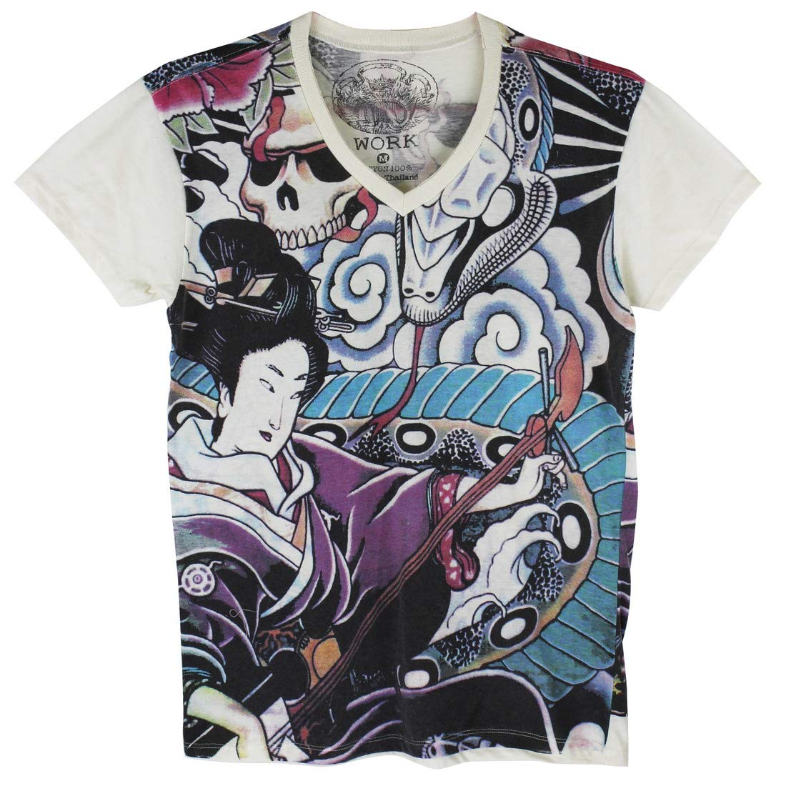 Japanese Irezumi Tattoo Art Men's V-Neck T-Shirt - Geisha Snake Skull Design for Casual Wear