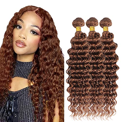 Brazilian Deep Wave Human Hair Bundles - 3 Bundles (20, 22, 24 Inch) - Virgin Pure Brown Hair Weave - Wet & Wavy Hair Extensions for Natural Look - Perfect for Daily Wear, Parties & Special Occasions