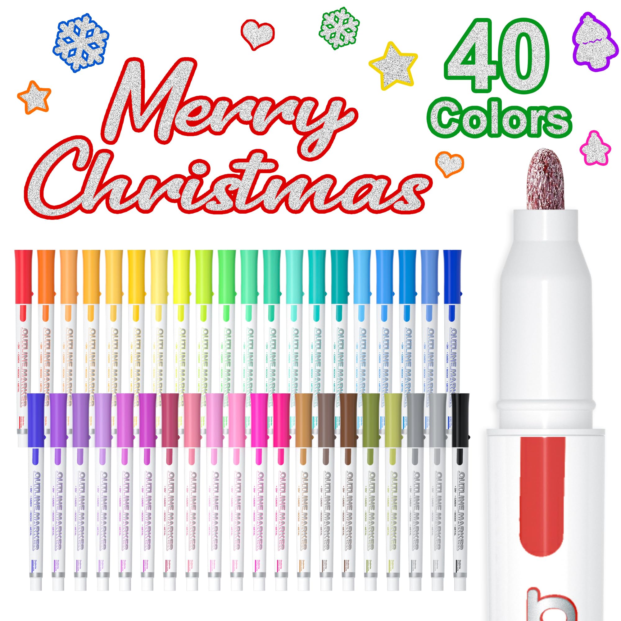 Shuttle Art 40 Colors Double Line Outline Permanent Markers Set - Metallic Shimmer Markers for Drawing, Doodling, Card Making & DIY Crafts | Perfect for Christmas Cards, Art Projects & Creative Scrapbooking