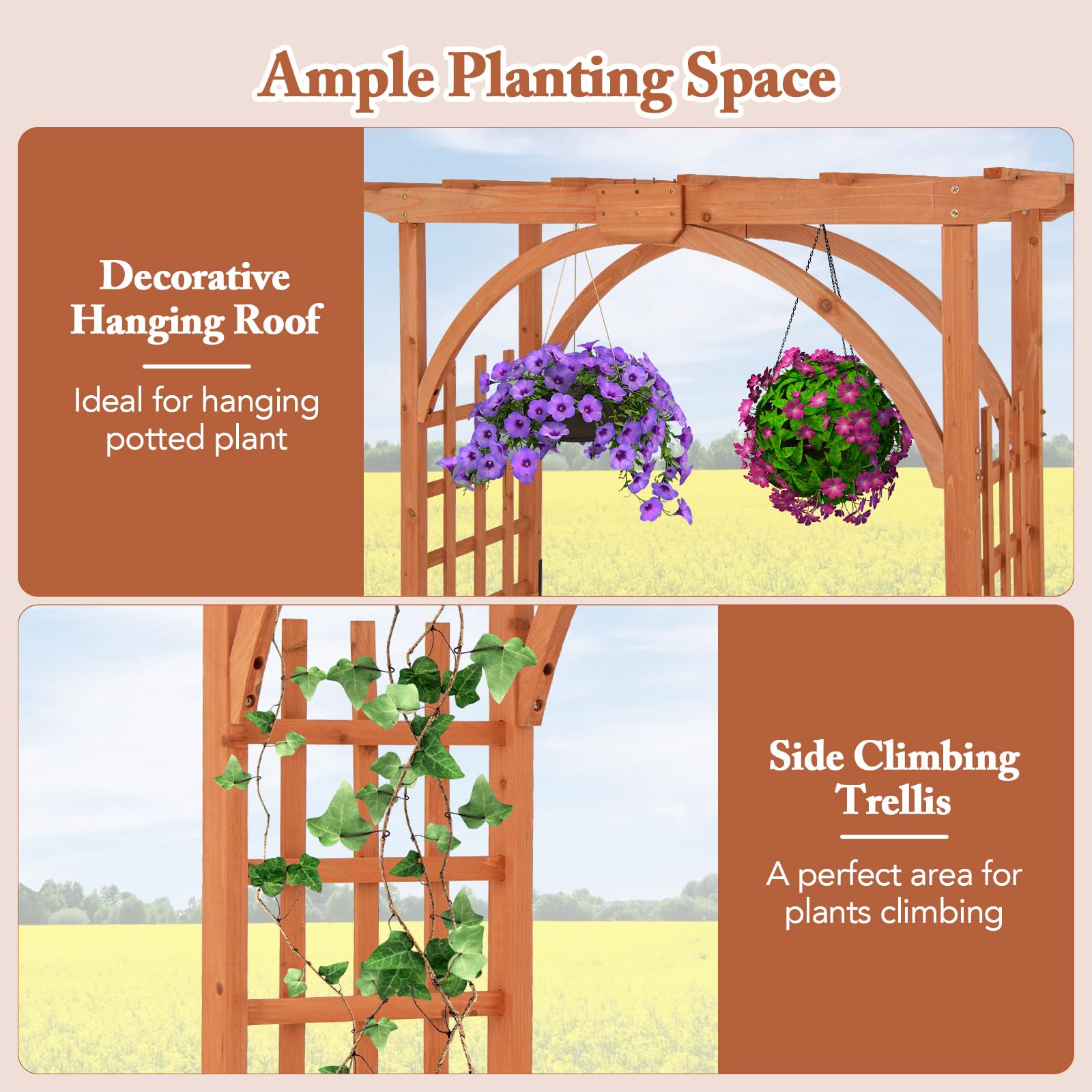 Happygrill 84 Inch Wooden Garden Arbor with Decorative Hanging Roof & Climbing Trellis - Outdoor Archway Pergola for Climbing Plants, Wedding Decorations, Lawn & Party Events - Perfect for Backyard, Patio and Garden Landscaping
