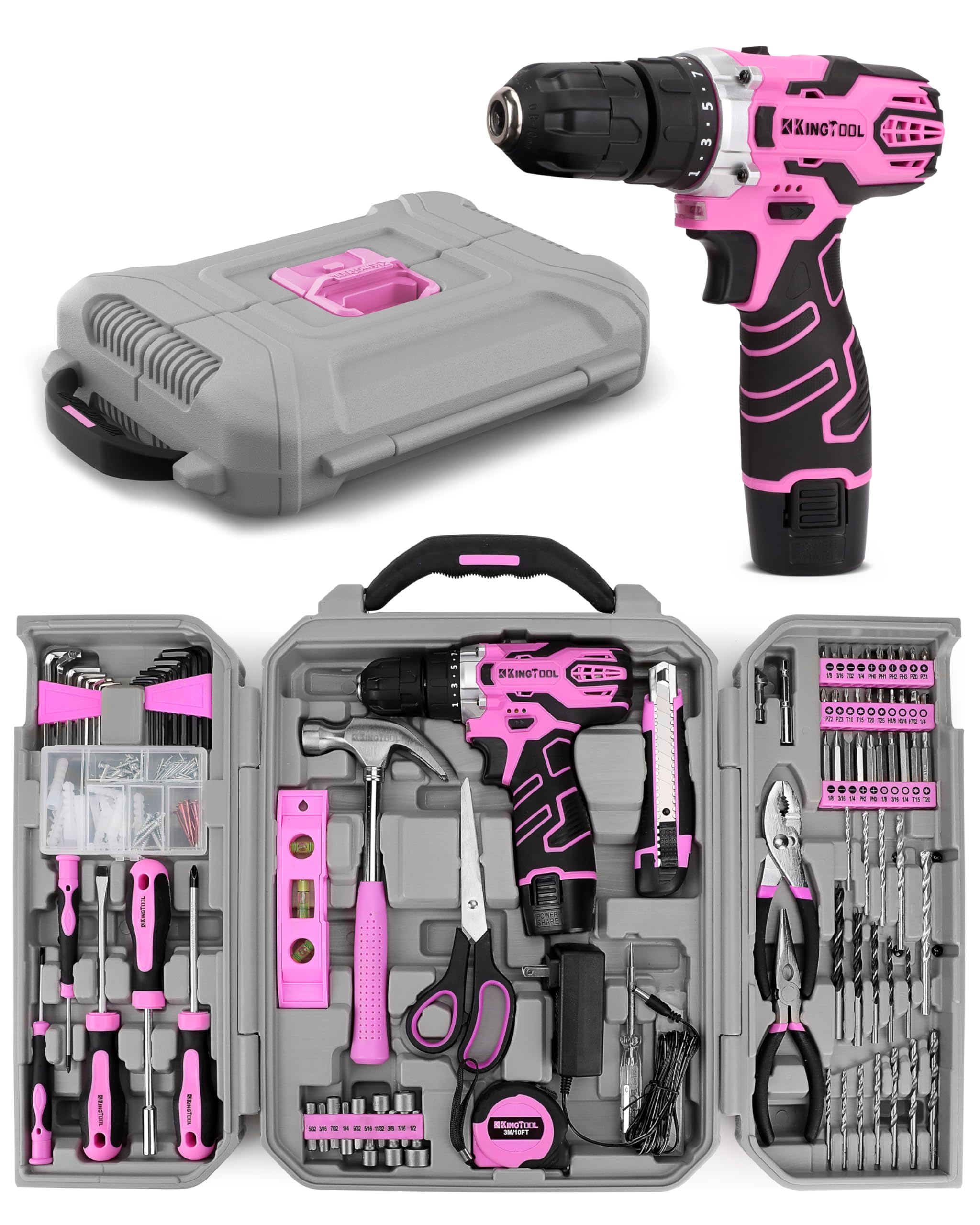KingTool 219-Piece Pink Home Tool Kit Set with 12V Max Cordless Drill - Complete Household & Garden Repair Tool Kit for Women | Perfect for DIY Projects, Home Office Maintenance & Outdoor Fixes