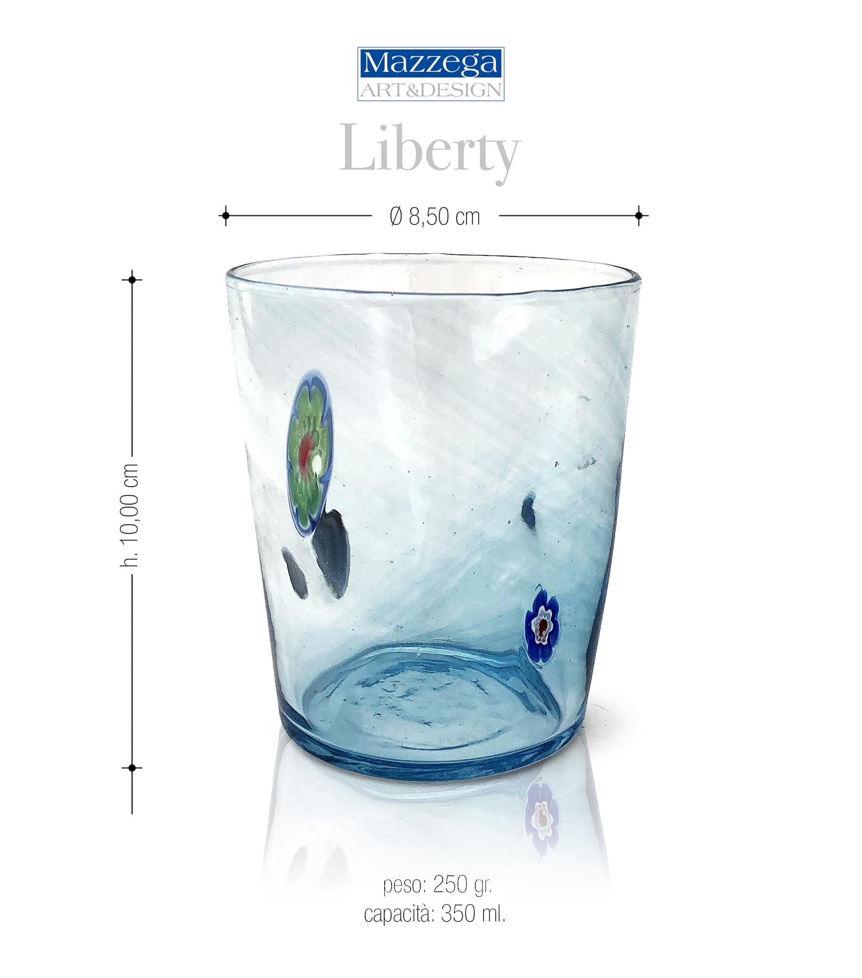 MAZZEGA ART & DESIGN - Handcrafted Murano Glass Water Glasses Set of 6 | Liberty Model 290ml | Authentic Italian Blown Glass with Murrine Patterns | Perfect for Fine Dining, Wedding Gifts & Home Decor | Made in Italy