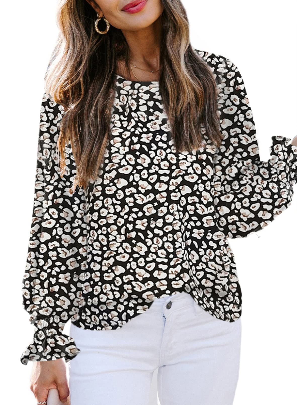 Diukia Women's Floral Print Ruffle Blouse - Long Sleeve Crewneck Casual Top for Work, Date Night & Spring Outfits | Soft & Comfortable Shirt for Everyday Wear