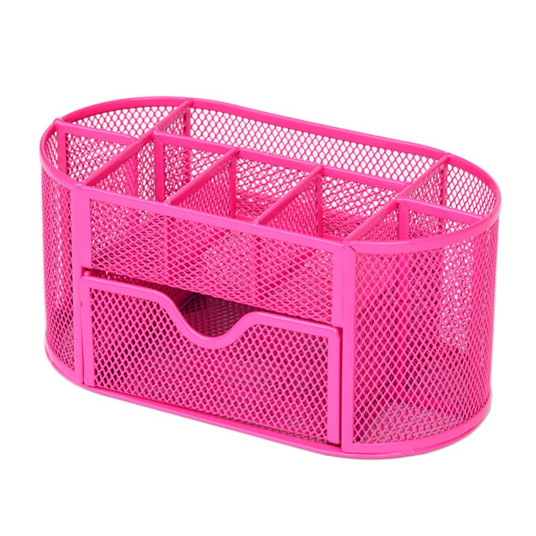 Ckuakiwu Mesh Desk Organizer with 9 Compartments & Drawer - Multi-Functional Oval Pencil Holder for Office Supplies, Stationery Storage (Rosy Pink) | Perfect for Home Office, School Desk & Workspace Organization