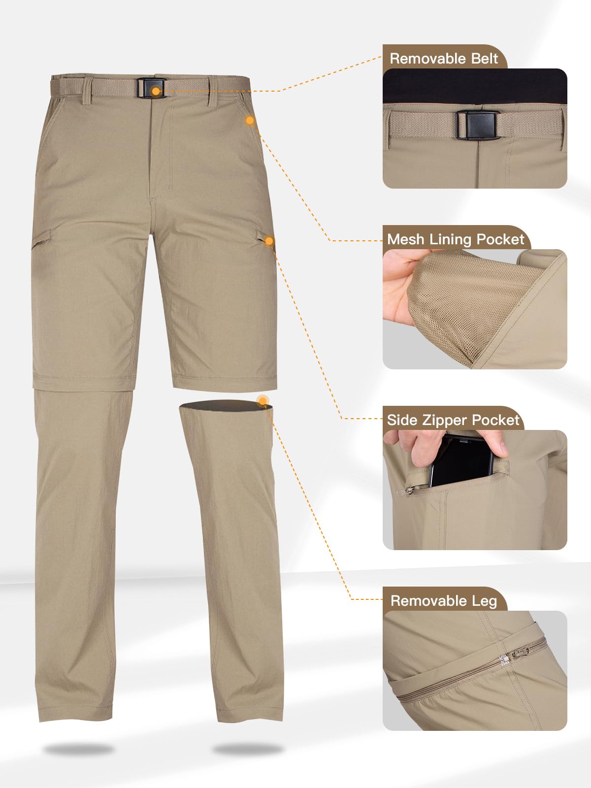 FREE SOLDIER Men's Outdoor Convertible Hiking Pants with Belt - Lightweight Quick Dry Tactical Cargo Pants for Hiking, Camping & Travel - Nylon Spandex Stretchable Outdoor Adventure Pants