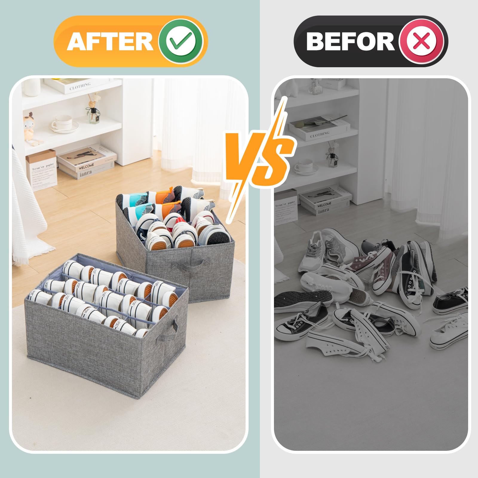 2-Pack Grey Shoe Organizer for Closet - Space Saving Storage Solution for Shoes, Sneakers, High Heels, Pants & Clothes - Holds Up to 24 Pairs - Perfect for Bedroom, Dorm, Entryway & Small Spaces