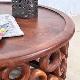 Hand Carved Indian Mango Wood Round Coffee Table - 30x30x18 Inches Natural Brown - Rustic Boho Living Room Furniture for Home Decor & Lounge Areas