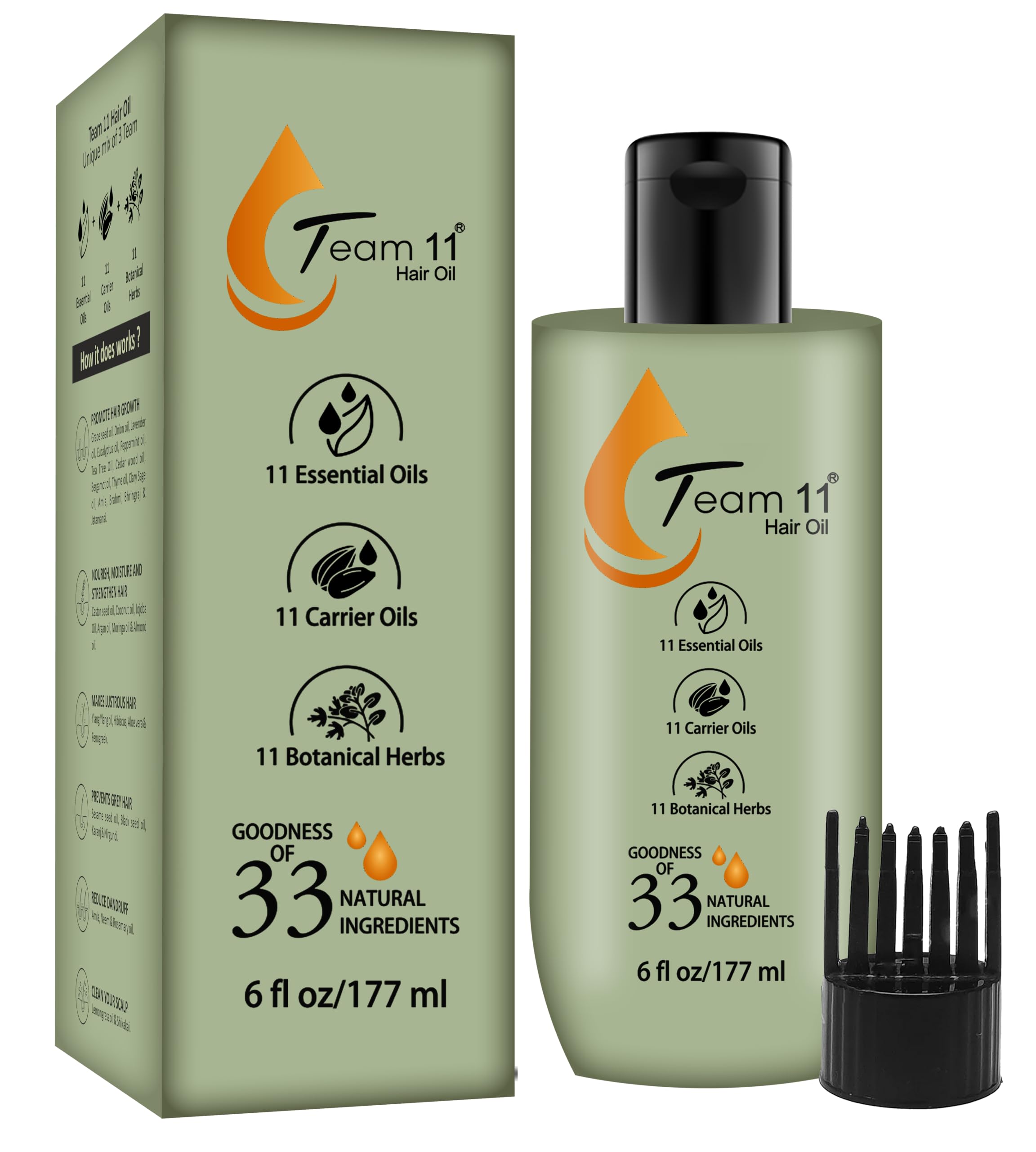 Team 11 Hair Growth Oil - Natural Blend with Argan, Jojoba, Rosemary & Castor Oils | Herbal Infusion with Amla, Brahmi & Bhringraj | 6oz for Stronger, Healthier Hair | Perfect for Daily Scalp Massage & Split End Treatment