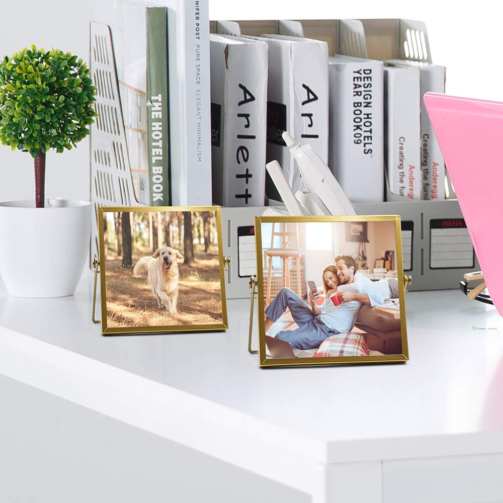 AceList 3-Pack Gold Metal Photo Frames 4x4 - Elegant Floating Glass for Home & Office Decor