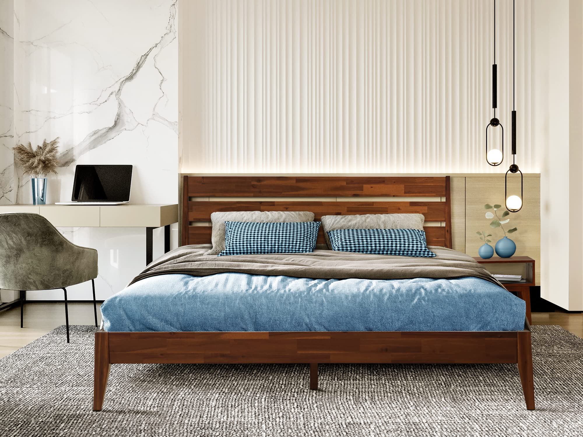 Solid Wood Acacia King Size Bed Frame with High Headboard & Nightstand - 2-Piece Bedroom Set, No Squeak Construction, Easy Assembly in One Box (Walnut Finish) - Perfect for Master Bedrooms, Guest Rooms & Small Spaces