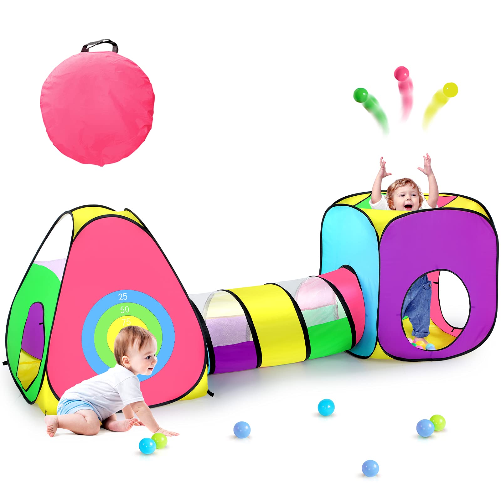 GeerWest 3-Piece Kids Ball Pit Set with Play Tent & Tunnel - Indoor/Outdoor Toddler Playhouse for Boys & Girls - Includes 4 Dart Balls & Dartboard - Perfect for Birthday Gifts, Playrooms, Daycares & Backyard Fun