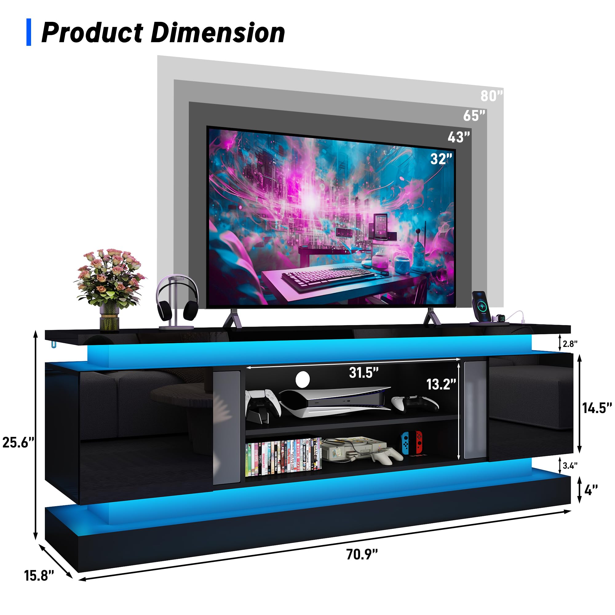 71IN Modern LED TV Stand with Power Outlet for 85/80/75 Inch TVs - High Glossy Gaming Entertainment Center with 2 Storage Cabinets & Dual LED Light Strips - Perfect for Living Room, Bedroom & Home Theater Setup (Black)