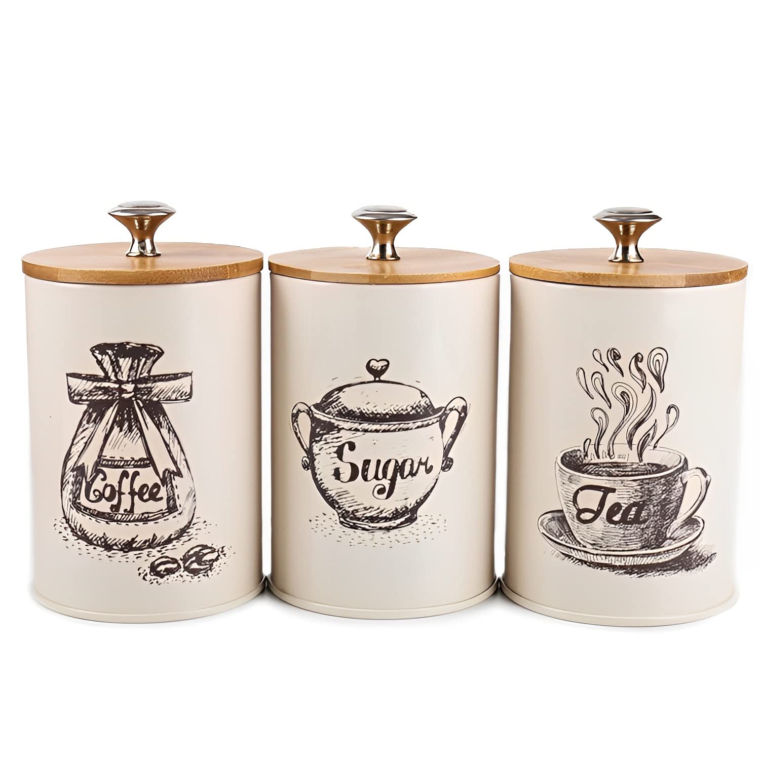 Vintage Metal Canister Set for Kitchen - 3-Piece Coffee, Sugar, Tea Storage Containers with Bamboo Lids - Farmhouse Style Countertop Organizer - Perfect for Pantry, Coffee Station & Home Decor (Beige)