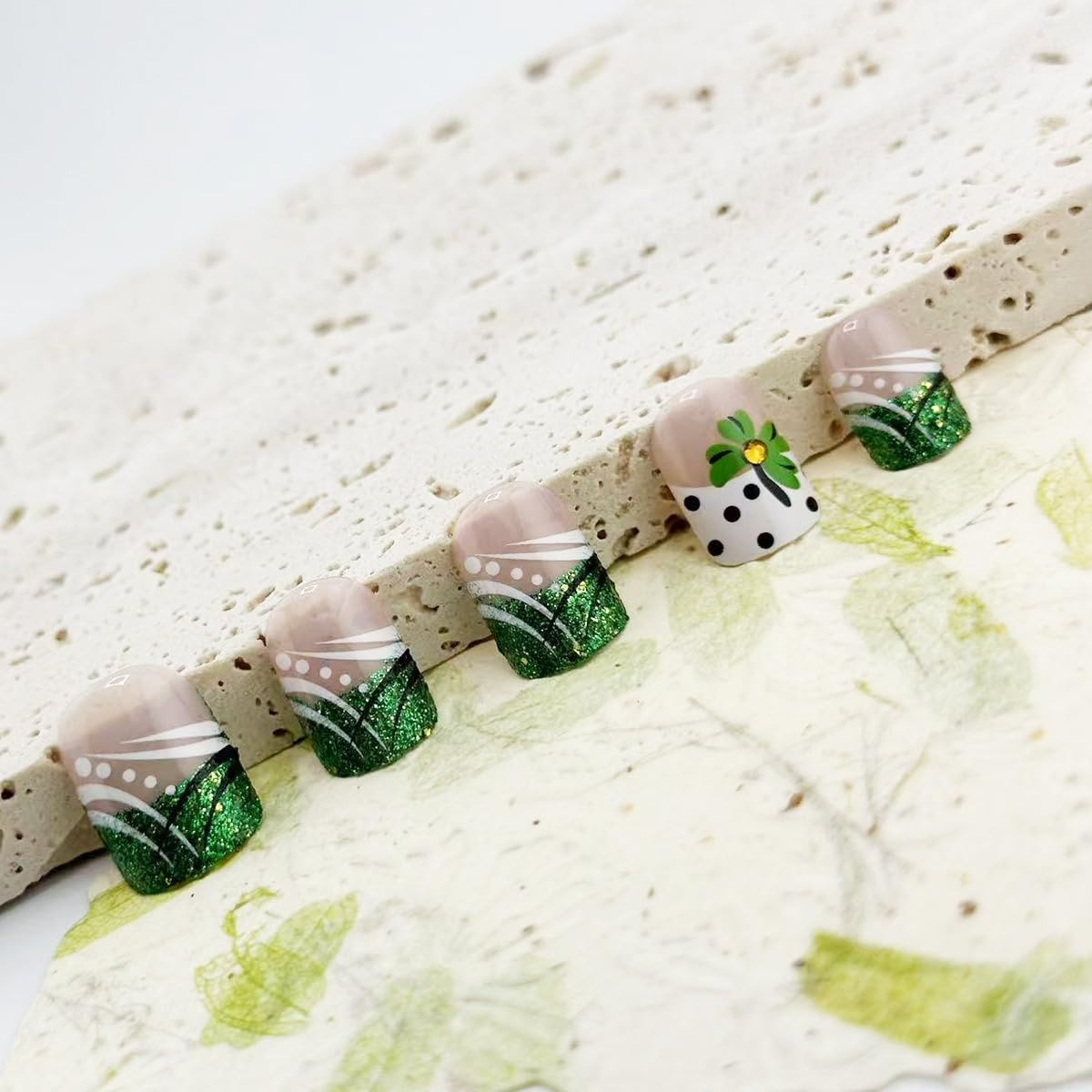 24Pcs St. Patrick's Day Press on Nails - Short Square Fake Nails with Green Shamrock Glitter Design, Irish Clover Acrylic False Nails for Women (Glue Included) | Perfect for Parties, Festivals & Irish Themed Events