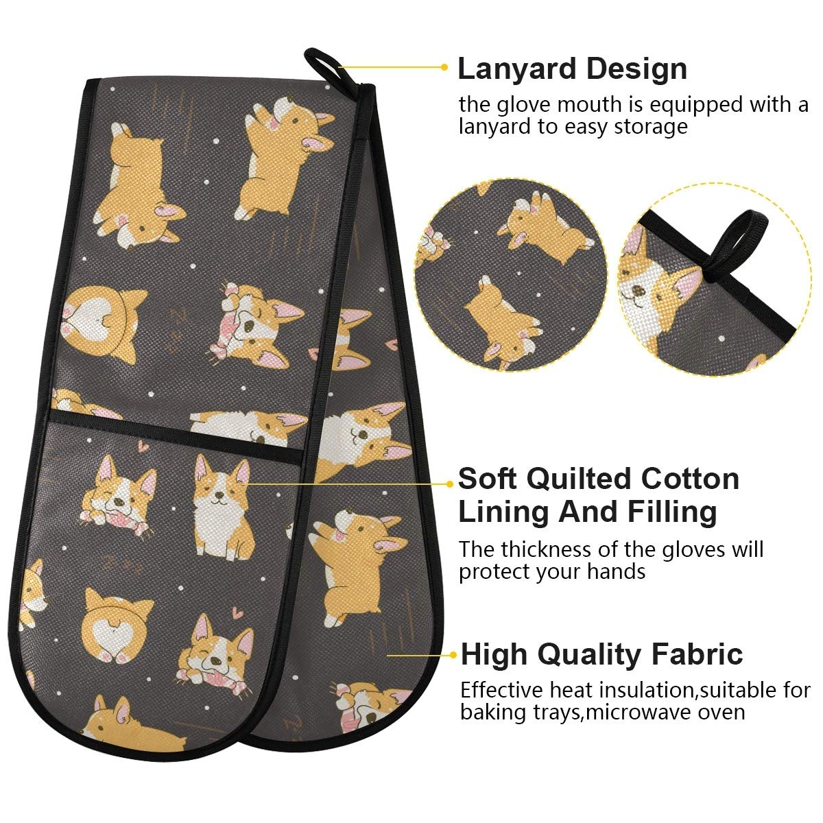 DOMIKING Quilted Double Oven Mitts - Heat Resistant Corgi Dog Design Cooking Gloves for Baking, Grilling, BBQ & Kitchen Use - Perfect for Holiday Cooking & Gift Giving