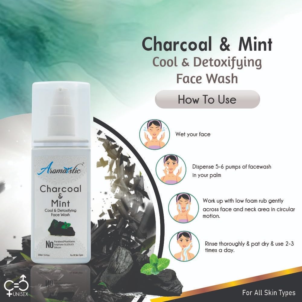 Natural Charcoal & Mint Face Wash for Men & Women - Deep Cleansing, Exfoliating, Aromatherapy | Paraben & Sulfate Free, Pollution Defense | 100ml | Perfect for Daily Skincare & Post-Workout Refreshment