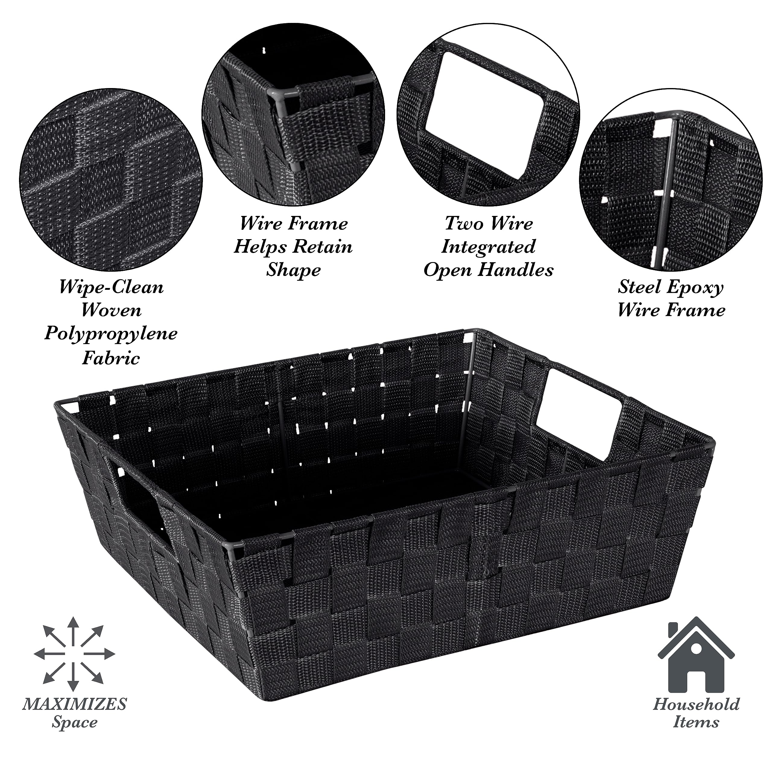 Large Woven Storage Basket with Handles - 2 Pack Black Decorative Organizer for Closet, Bedroom, Bathroom & Nursery | Perfect for Toys, Accessories & Gifts | Space-Saving Home Organization Solution
