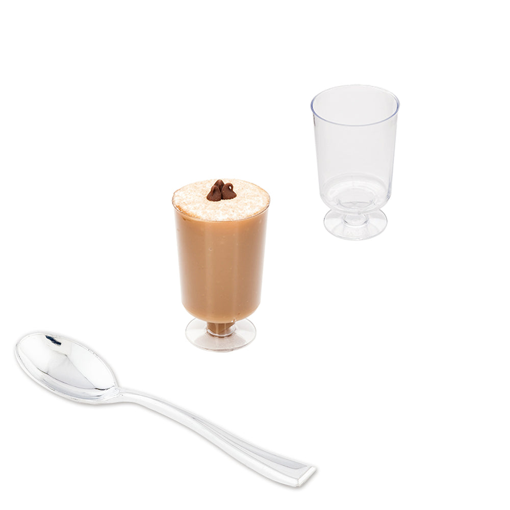 100-Pack 1 oz Clear Plastic Disposable Cups with 100 Silver Mini Plastic Spoons - Perfect for Airline Travel, Parties, and Events