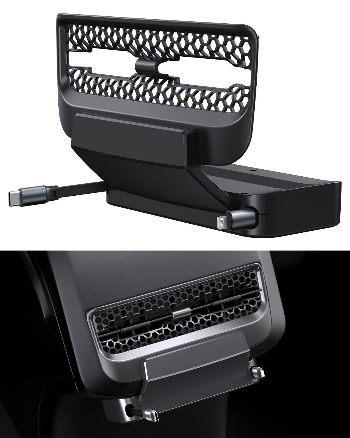 Tesla Model 3/Y Rear Vent Expansion Dock with Retractable Cord - Fast Charging Phone Holder Accessories for Tesla 2021-2024 | Fits Rear Seat Air Vent Cover | Perfect for Road Trips & Daily Commutes