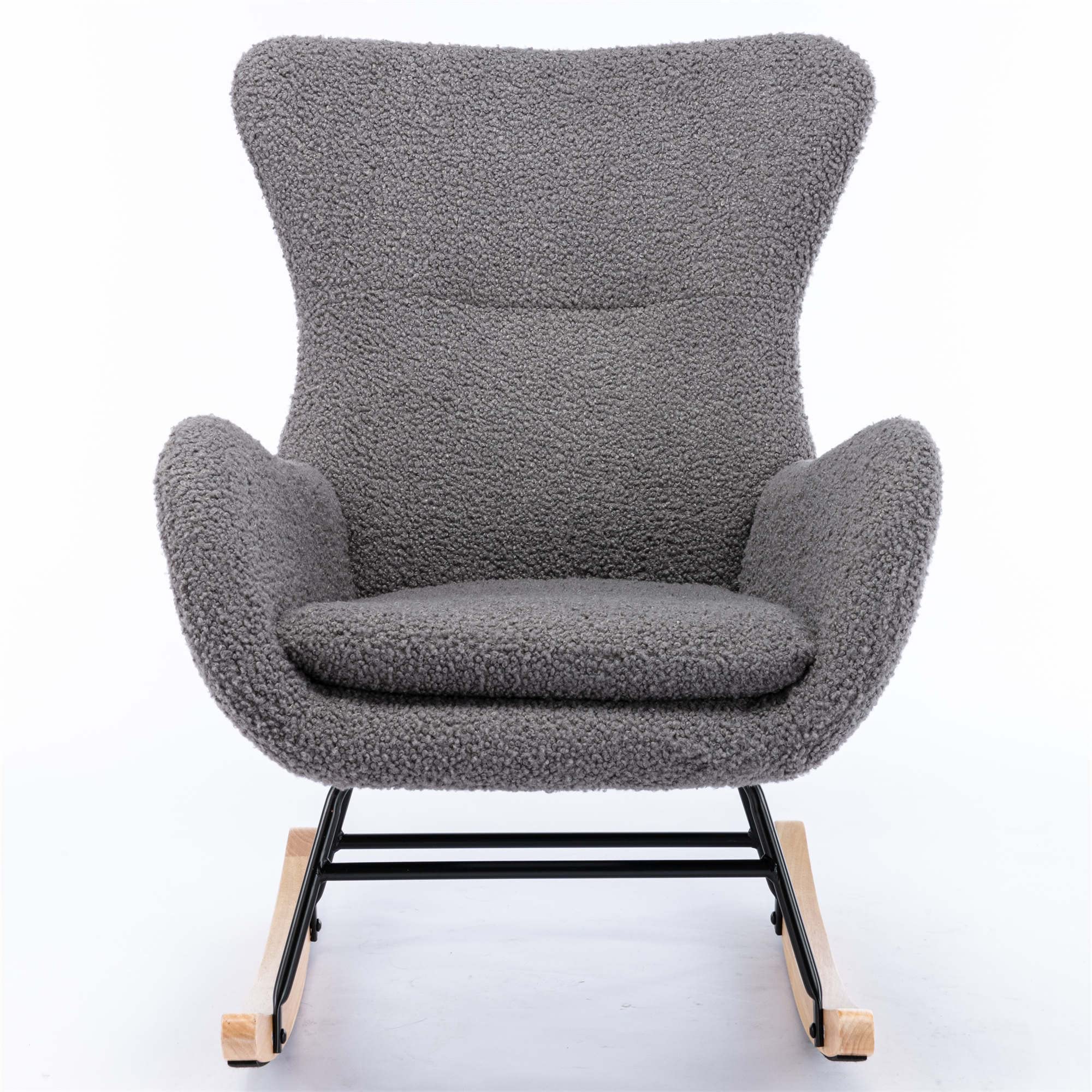 Comfy Gray Teddy Fabric Rocking Chair with High Backrest & Armrests - Padded Seat Living Room Armchair for Bedroom, Nursery, Playroom | Perfect for Relaxing, Nursing & Reading