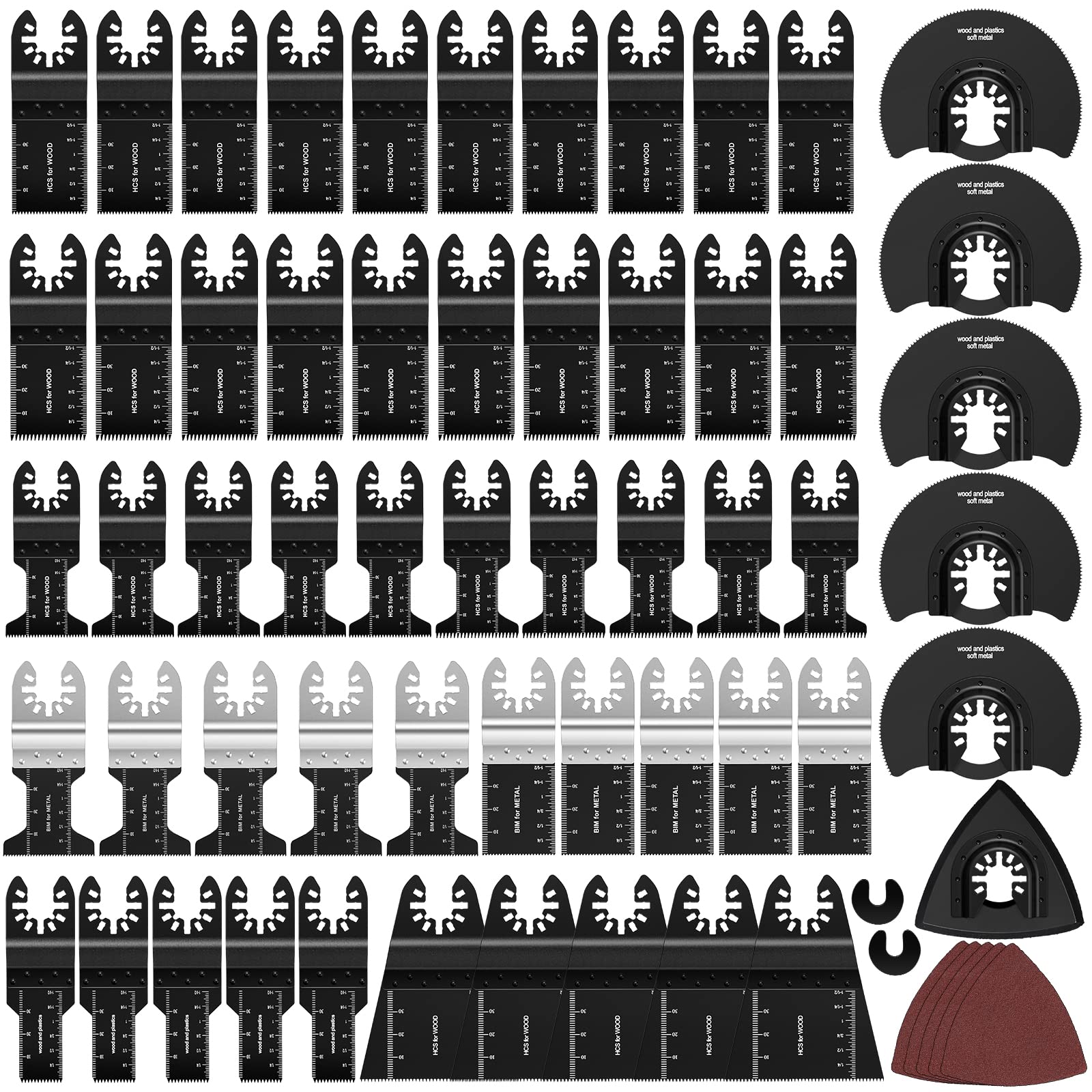 61pcs Oscillating Tool Blades Kit - Universal Quick Release Saw Blades Replacement for Multi-Tools - Includes 55pcs 9 Types Blades, Sanding Pad & 5X Sandpaper - Perfect for Woodworking, Metal Cutting, Grinding & DIY Home Renovation Projects