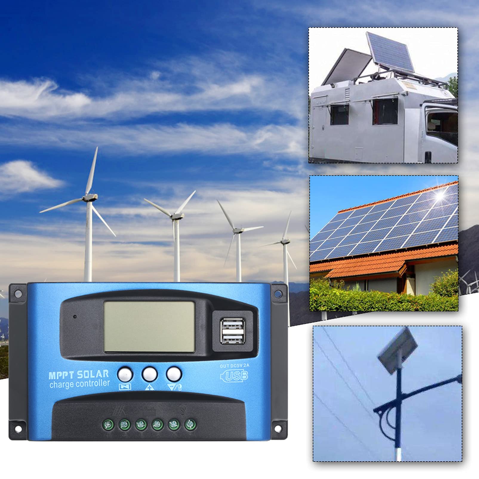 60A MPPT Solar Charge Controller with Dual USB & LCD Display - Auto Solar Panel Charger Regulator for RV, Boat, Off-Grid Power Systems - pekdi