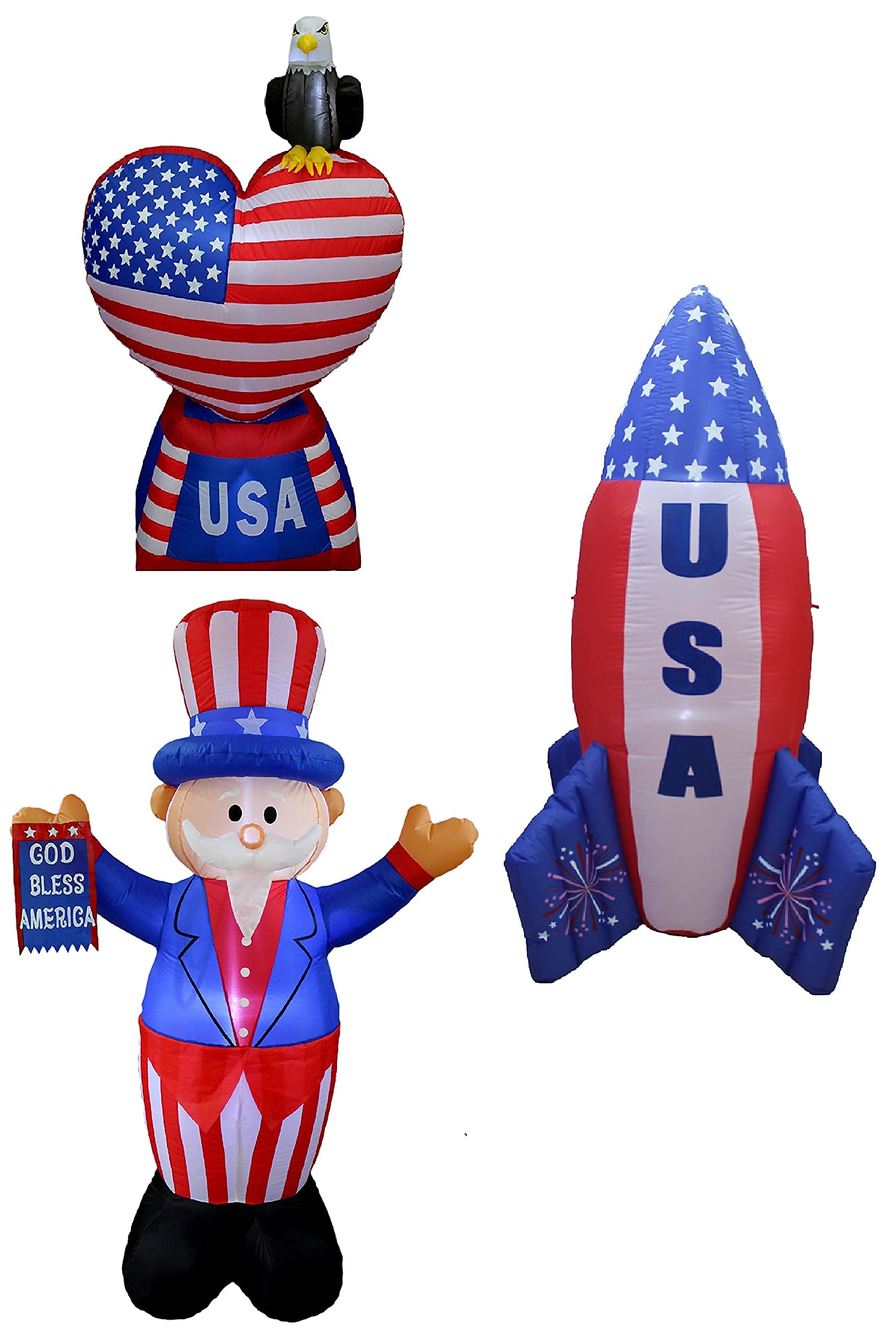 Patriotic Party Decorations Bundle - 6ft 4th of July Inflatable Rocket, 5ft Eagle Heart & 6ft Lighted Uncle Sam for Independence Day Celebrations | Perfect for Backyard BBQs, Memorial Day & Veterans Day Decor