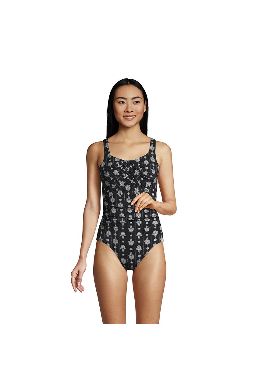 Lands' End Women's Slender Carmela Tummy Control One Piece Swimsuit - Chlorine Resistant Scoop Neck Bathing Suit for Swimming, Beach & Pool Vacations