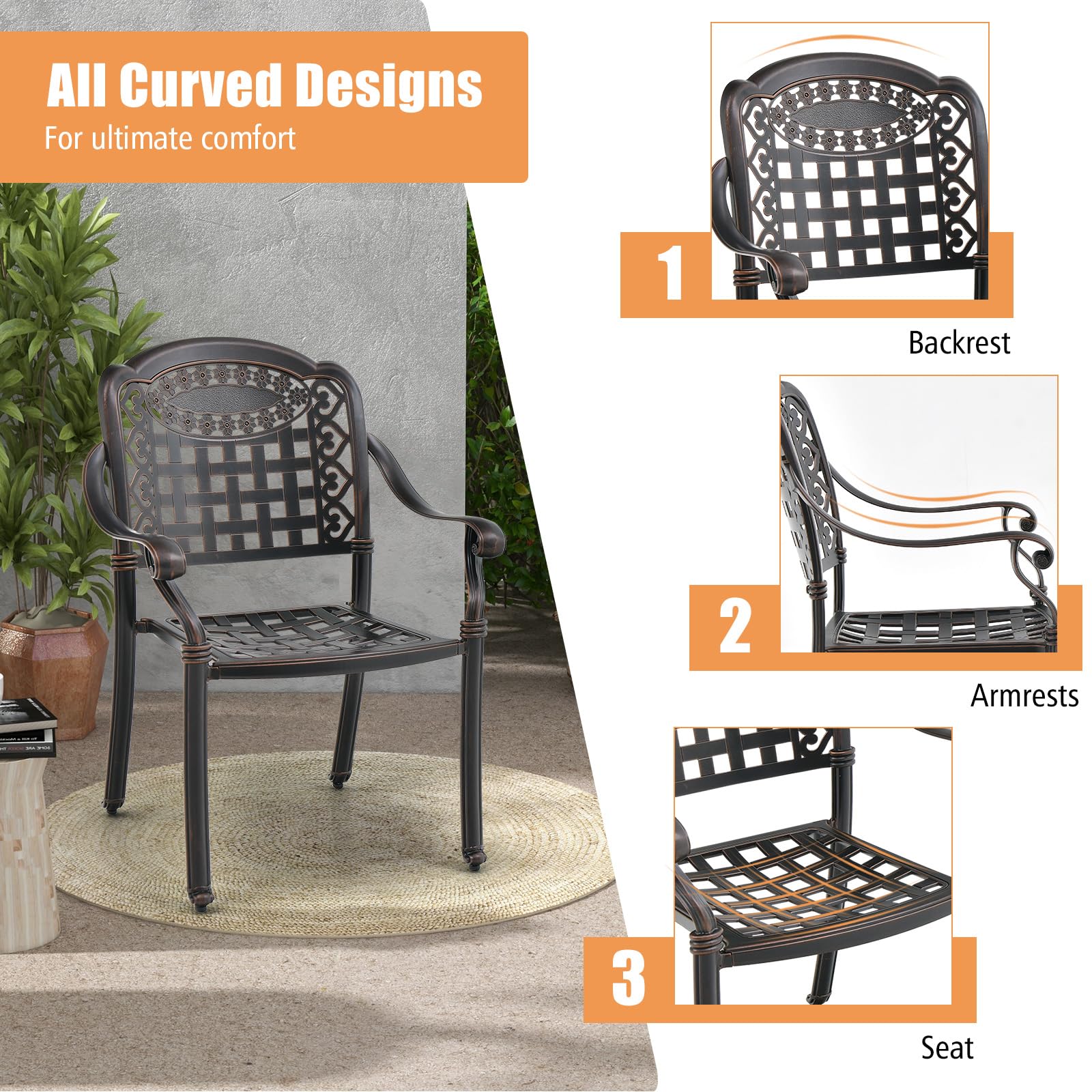 Tangkula 4-Piece Stackable Cast Aluminum Outdoor Dining Chairs Set with Armrests - Patio, Garden, Balcony & Backyard Furniture for Relaxing & Entertaining