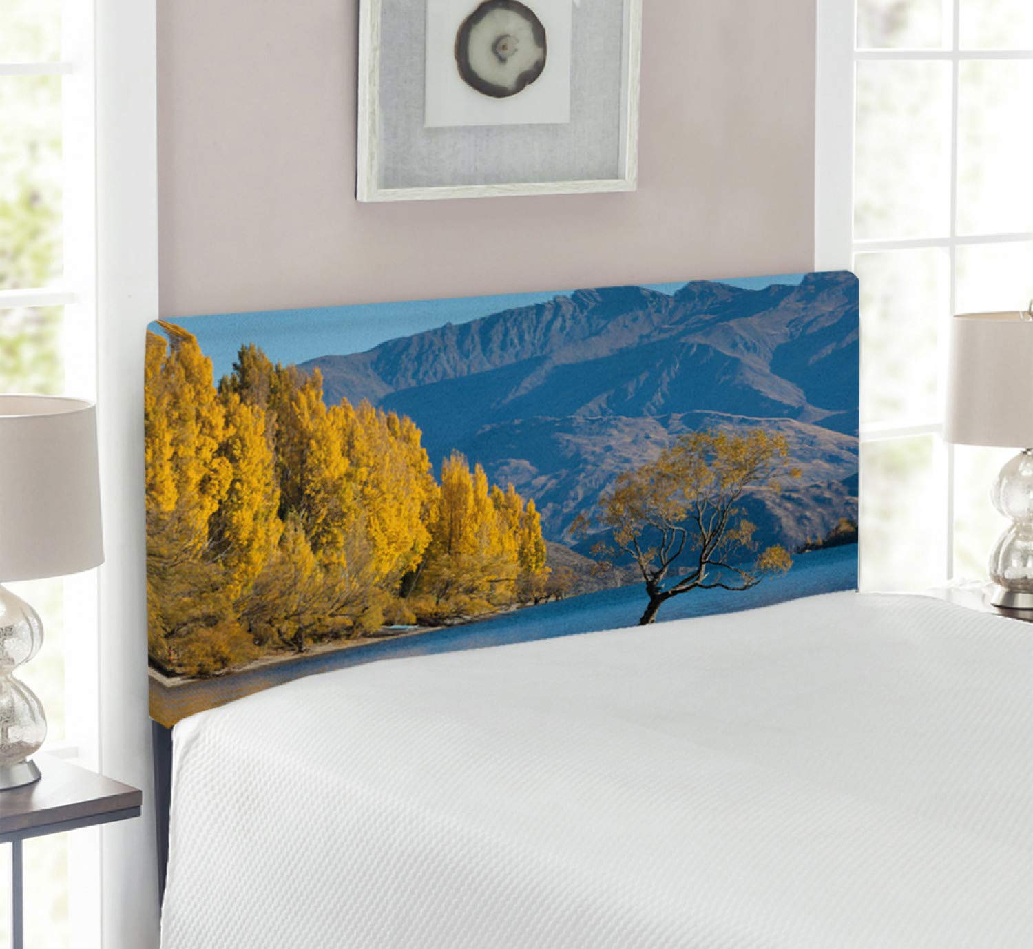 Ambesonne Nature Headboard - Sunken Tree Lake Mountain Range Scenic Upholstered Metal Bed Headboard with Memory Foam, Twin Size, Earth Yellow & Pale Blue - Perfect for Bedroom Decor, Guest Rooms, and Cozy Cabin Retreats