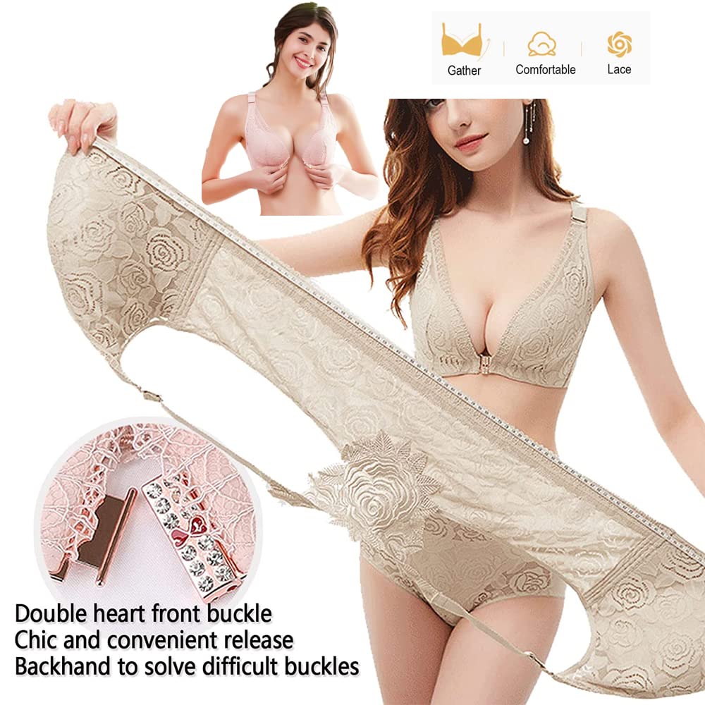 FitMe Rose Embroidery Front Closure Wireless Bra - Floral Lace Comfort Plus Size Women's Bras for Everyday Wear & Special Occasions
