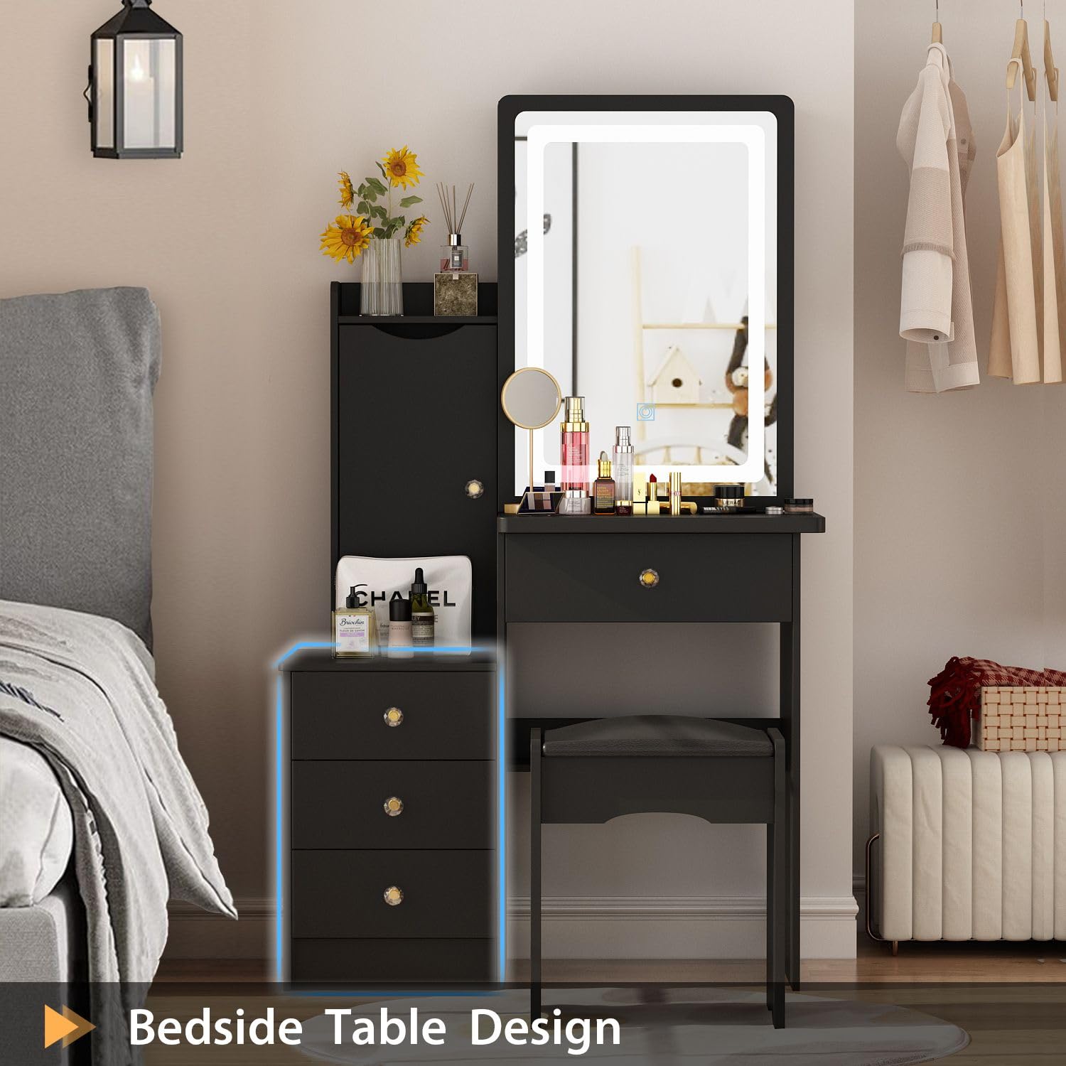 FAMAPY Black Vanity Mirror with LED Lights, Makeup Vanity Desk Set with Sliding Mirror, Storage Drawers & Crystal Handles - Includes Cushioned Stool for Bedroom, Dressing Room or Beauty Salon
