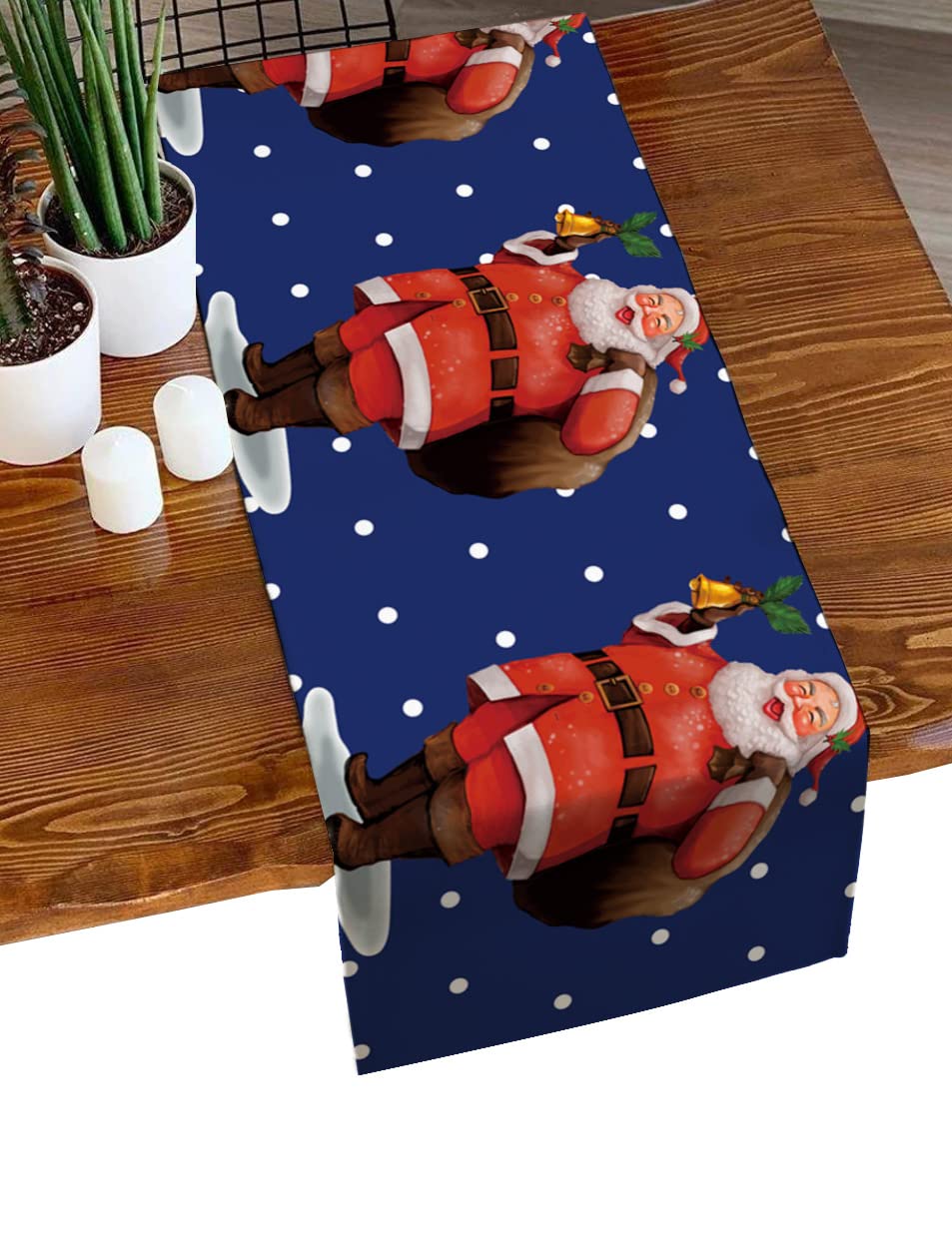 13x36 Inch Cotton Linen Table Runner - Winter Santa with Gifts & Jingle Bells Farmhouse Decor for Kitchen, Dining & Coffee Tables | Christmas White Dots Blue Backdrop Table Scarf | Perfect for Holiday Decorations, Dinner Parties & Festive Home Styling